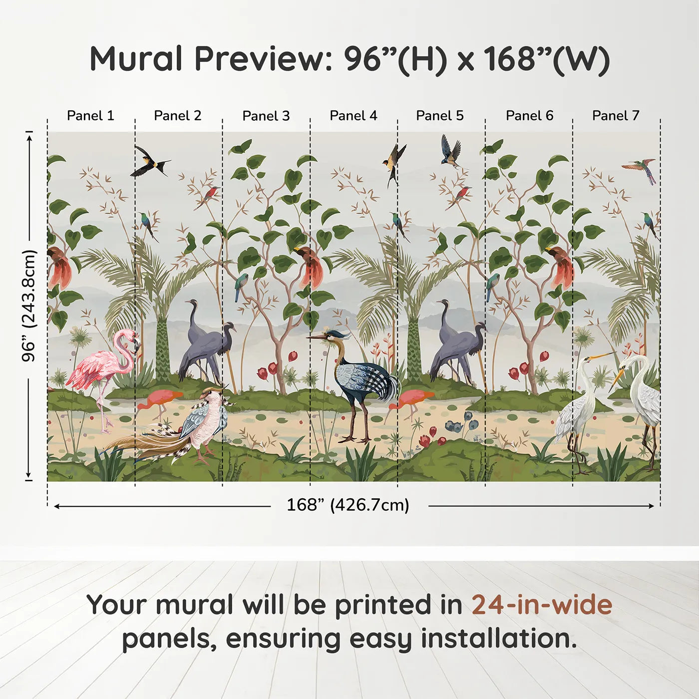 Whimsy Tots Exotic Bird Gathering Wall Muraldimension view (96" H x 168" W). Printed in seven 24-inch-wide panels. Gender-Neutral