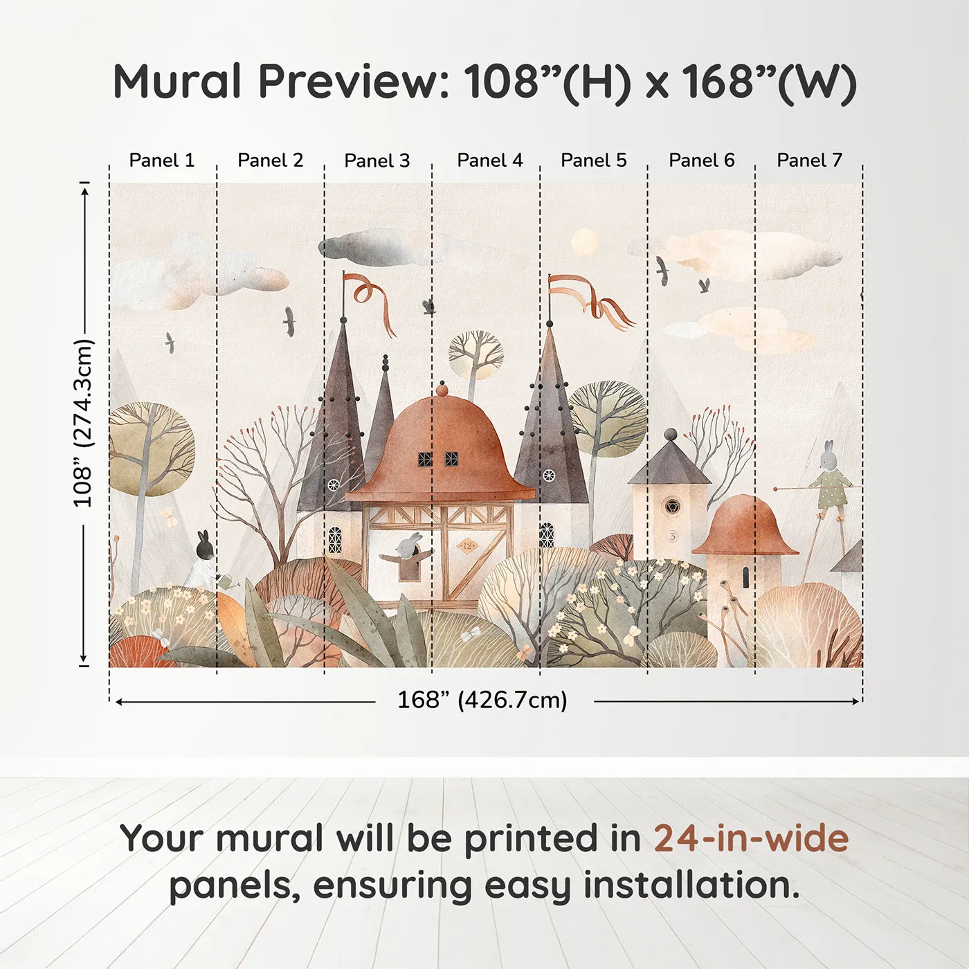 Whimsy Tots Medieval Rabbit Town Wall Muraldimension view (108" H x 168" W). Printed in seven 24-inch-wide panels. Gender-Neutral