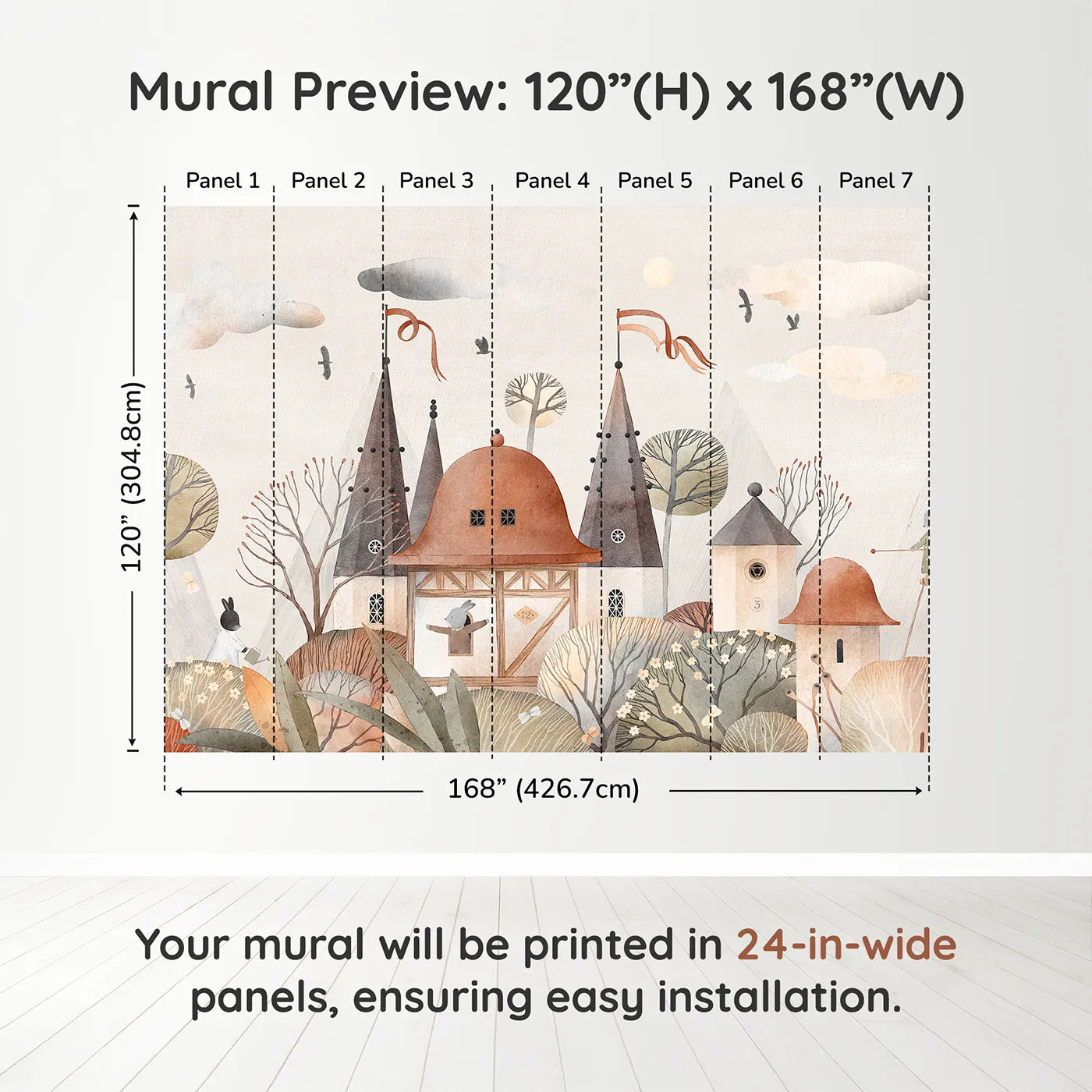 Whimsy Tots Medieval Rabbit Town Wall Muraldimension view (120" H x 168" W). Printed in seven 24-inch-wide panels. Gender-Neutral