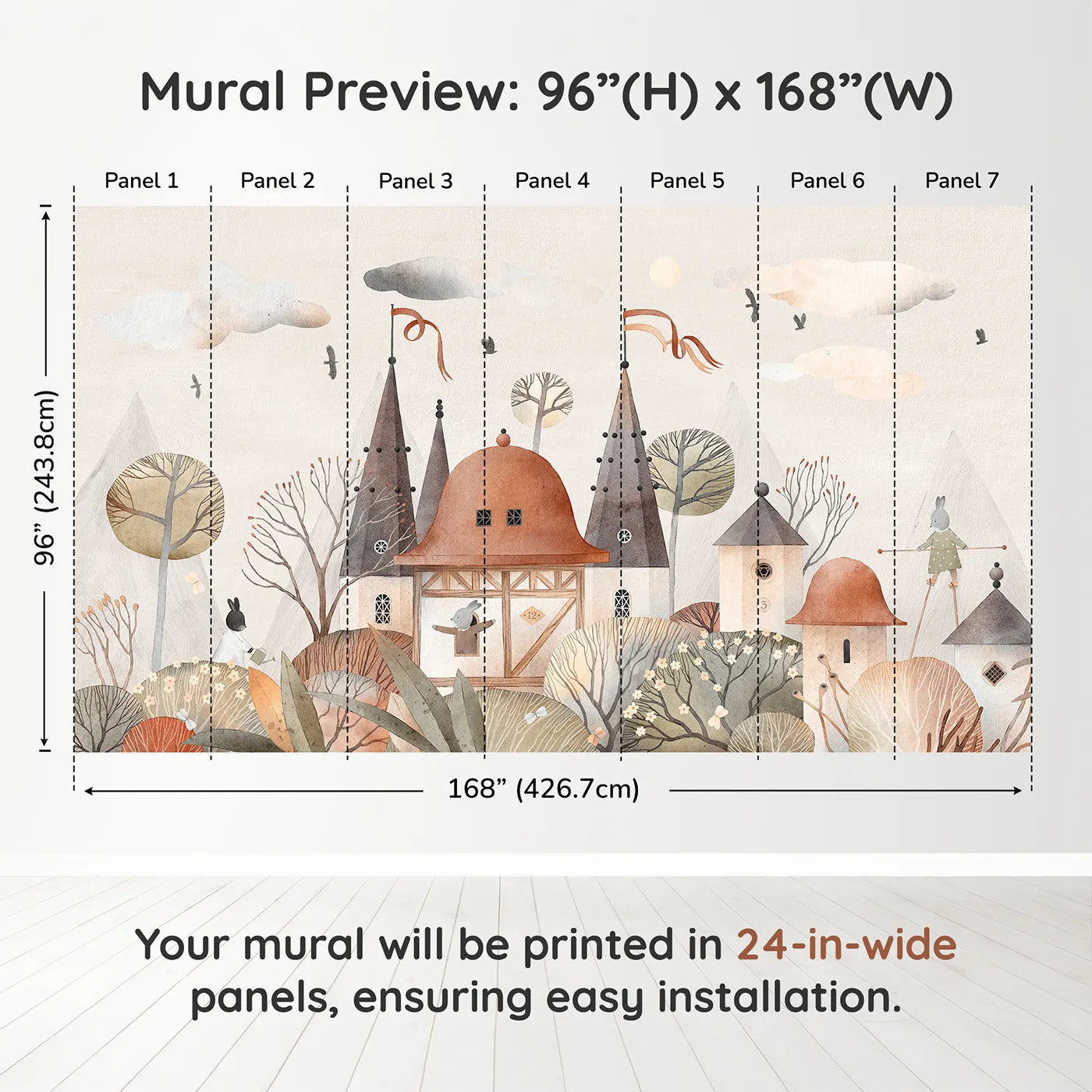 Whimsy Tots Medieval Rabbit Town Wall Muraldimension view (96" H x 168" W). Printed in seven 24-inch-wide panels. Gender-Neutral