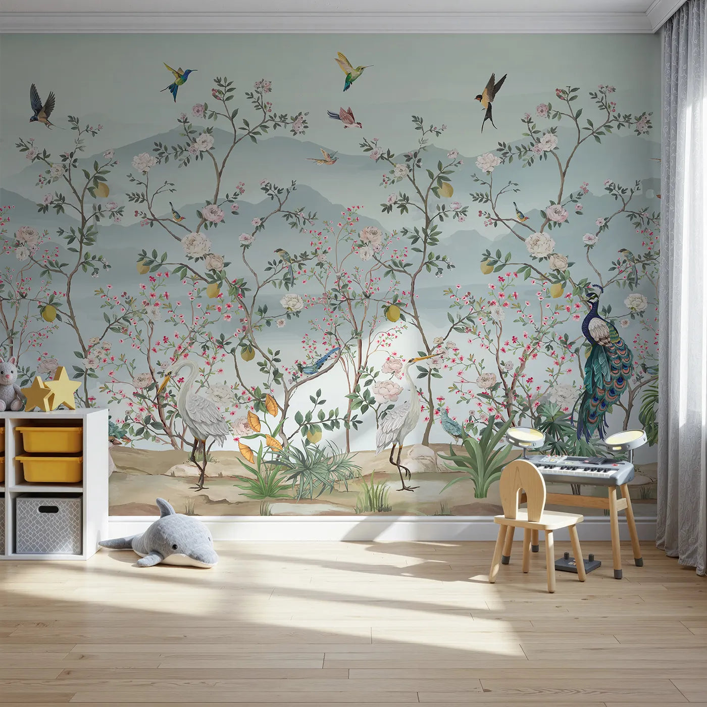 Front view of Whimsy Tots' Chinoiserie Paradise Wall Mural