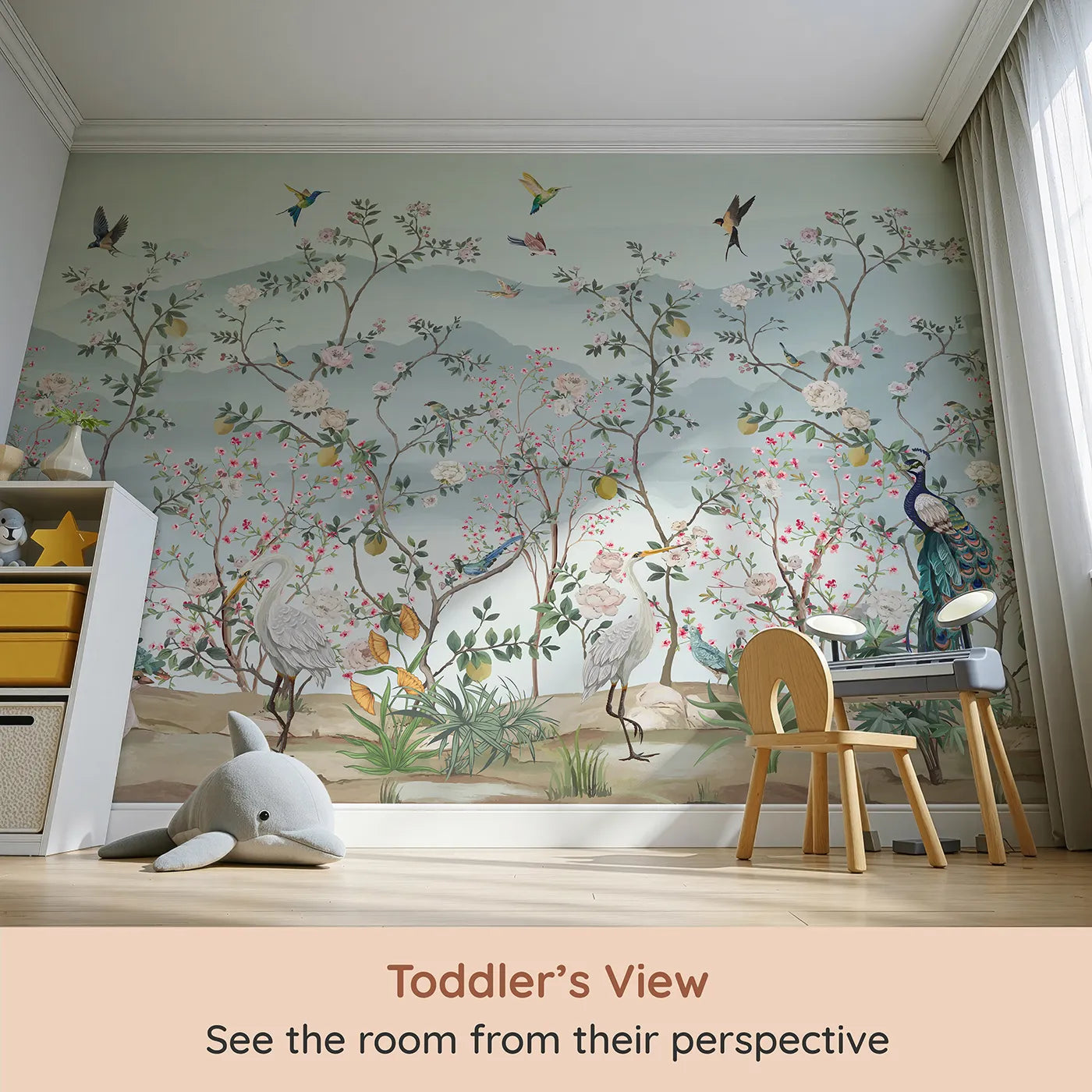 Whimsy Tots Chinoiserie Paradise Wall Mural (Turn Their Room into an Elegant, Hand-Painted Garden) from your child's view.Gender-Neutral