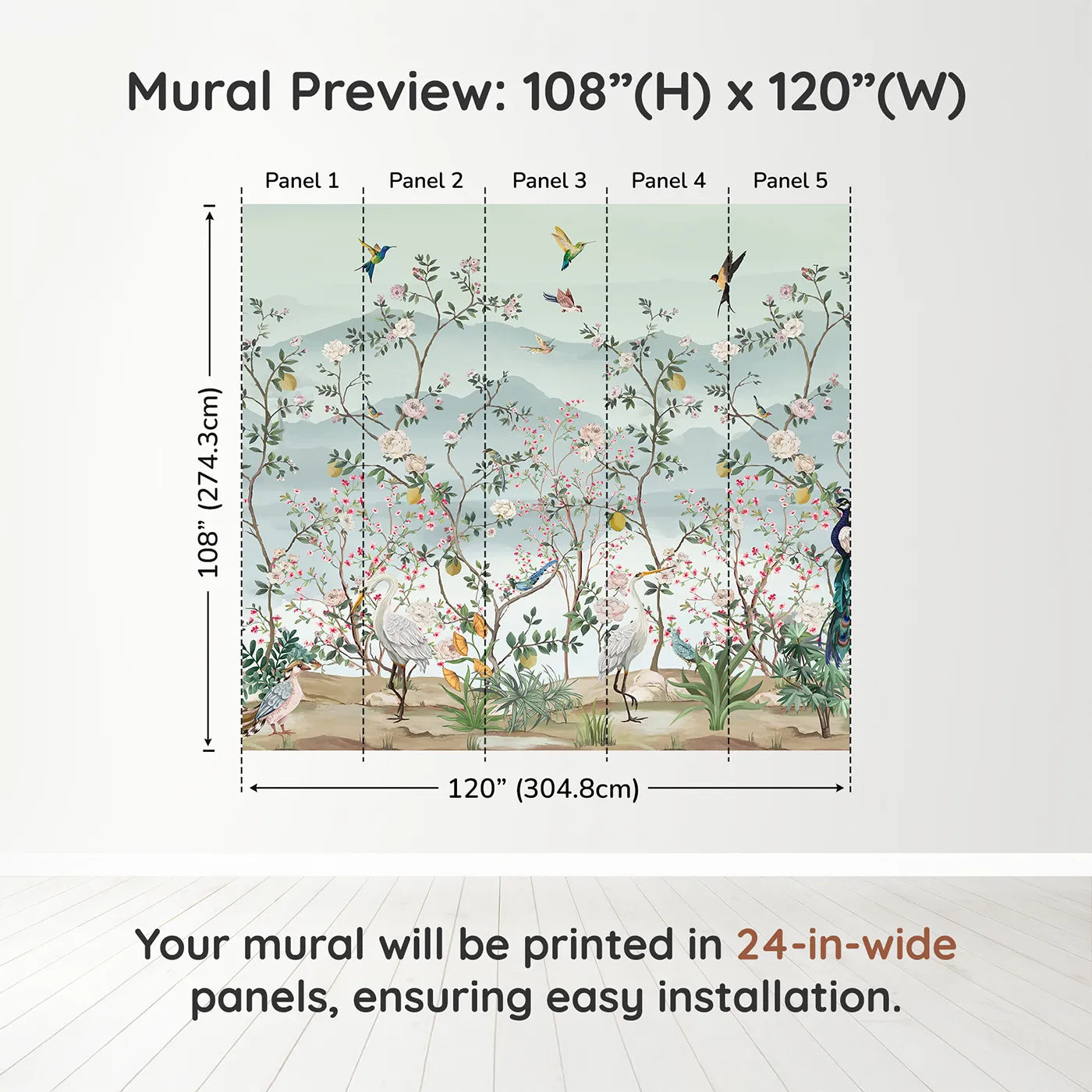Whimsy Tots Chinoiserie Paradise Wall Muraldimension view (108" H x 120" W). Printed in five 24-inch-wide panels. Gender-Neutral