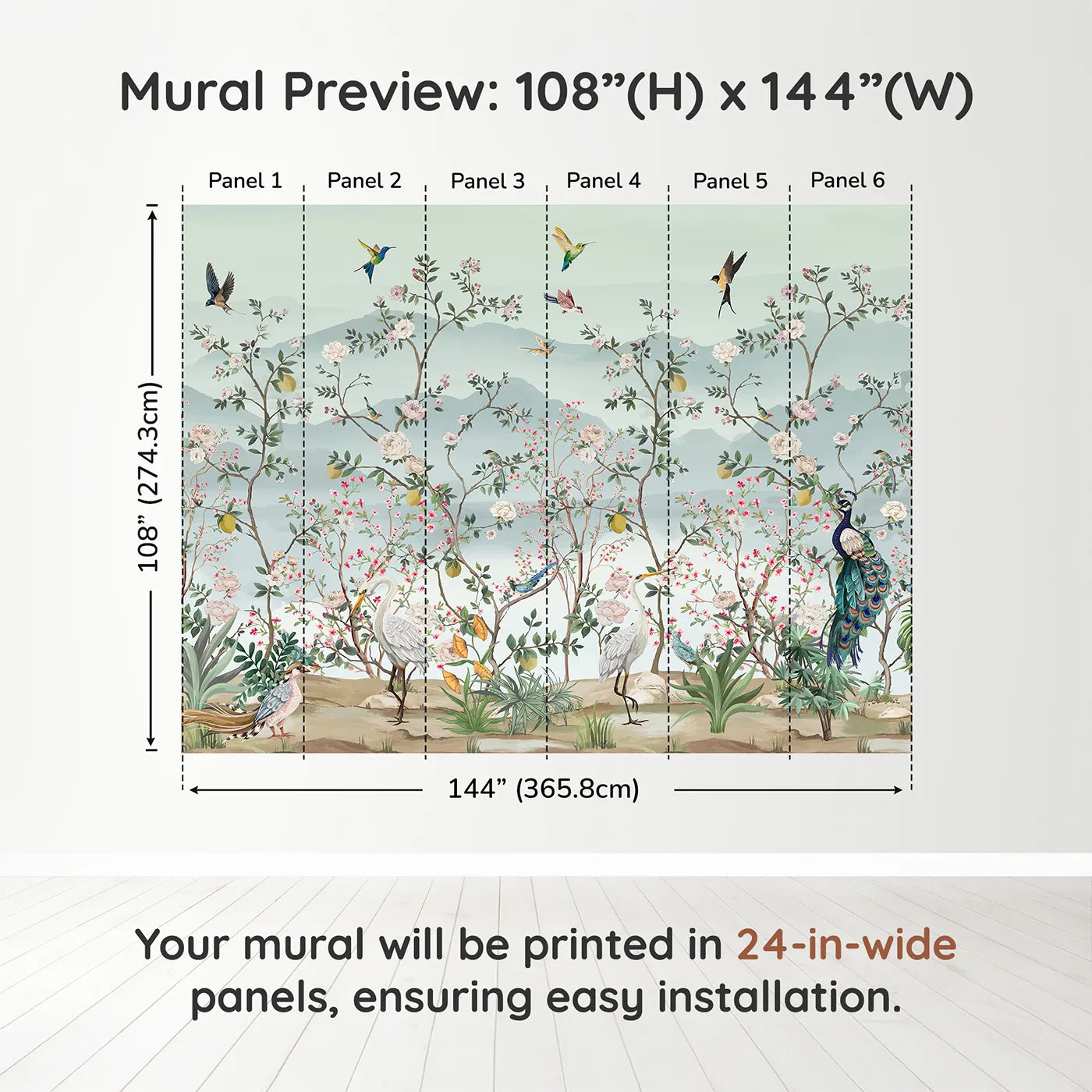 Whimsy Tots Chinoiserie Paradise Wall Muraldimension view (108" H x 144" W). Printed in six 24-inch-wide panels. Gender-Neutral