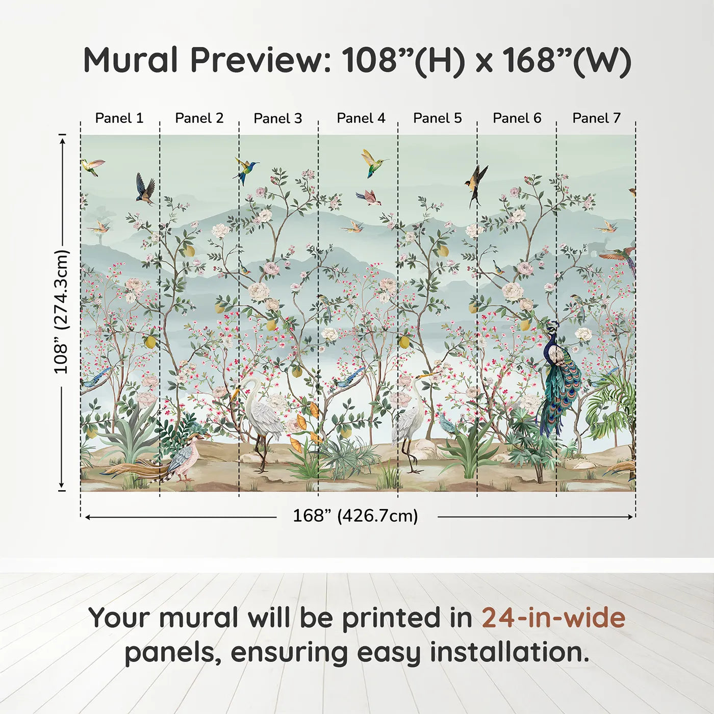 Whimsy Tots Chinoiserie Paradise Wall Muraldimension view (108" H x 168" W). Printed in seven 24-inch-wide panels. Gender-Neutral