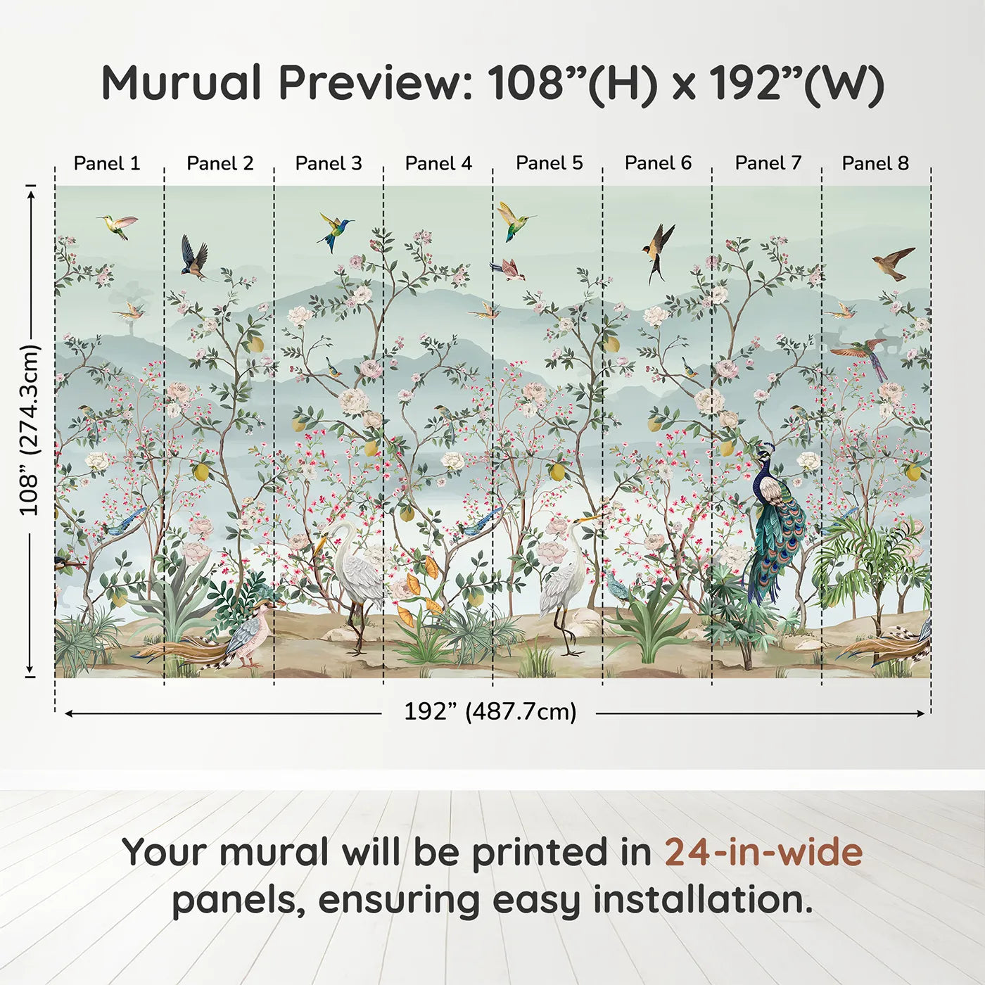 Whimsy Tots Chinoiserie Paradise Wall Muraldimension view (108" H x 192" W). Printed in eight 24-inch-wide panels. Gender-Neutral