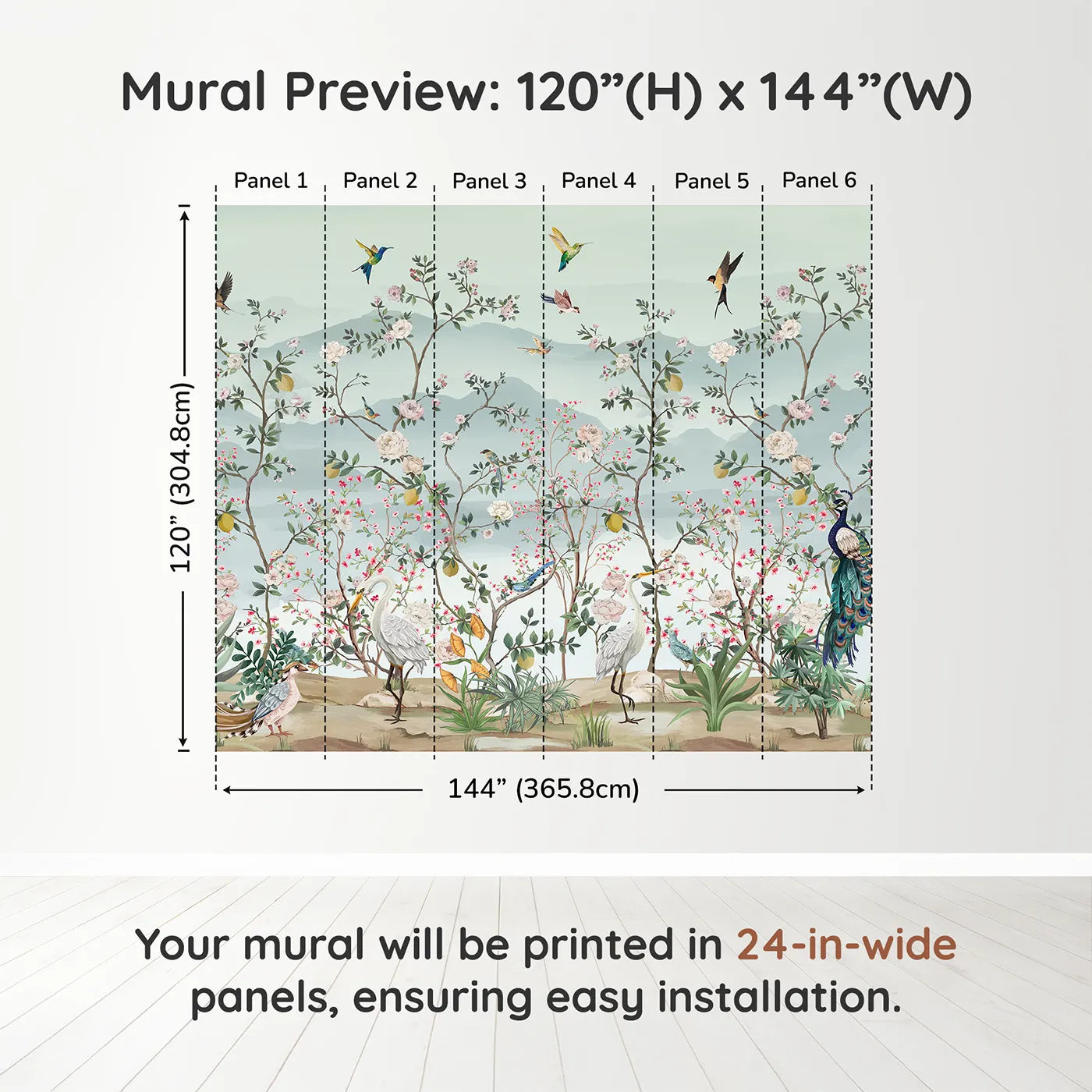 Whimsy Tots Chinoiserie Paradise Wall Muraldimension view (120" H x 144" W). Printed in six 24-inch-wide panels. Gender-Neutral