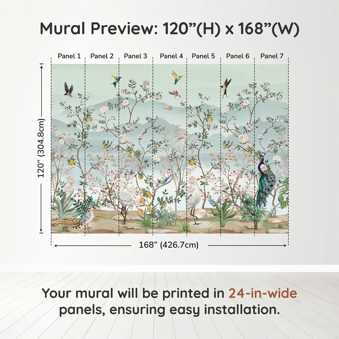Whimsy Tots Chinoiserie Paradise Wall Muraldimension view (120" H x 168" W). Printed in seven 24-inch-wide panels. Gender-Neutral