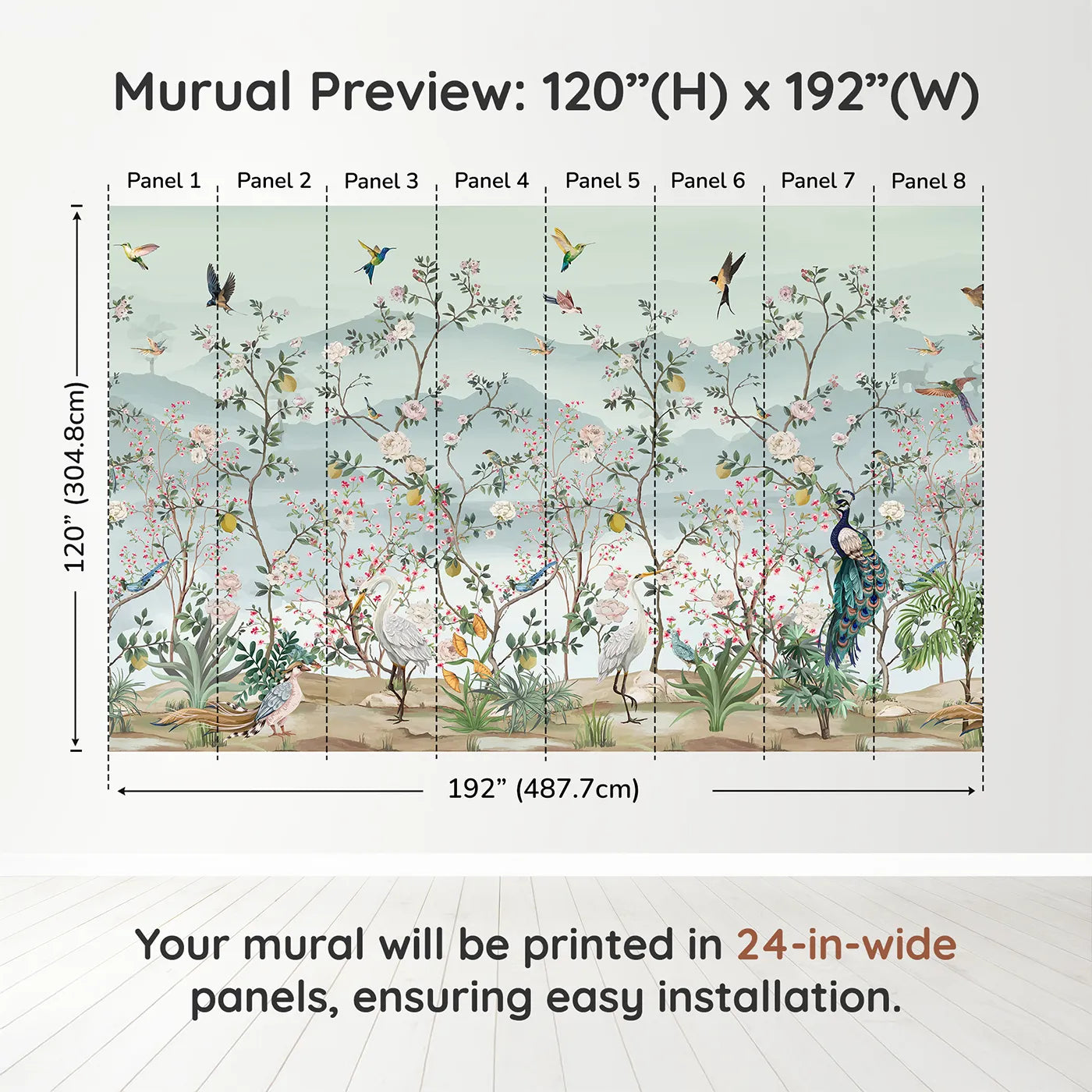 Whimsy Tots Chinoiserie Paradise Wall Muraldimension view (120" H x 192" W). Printed in eight 24-inch-wide panels. Gender-Neutral