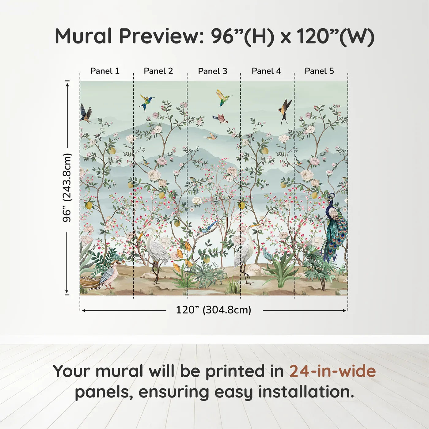 Whimsy Tots Chinoiserie Paradise Wall Muraldimension view (96" H x 120" W). Printed in five 24-inch-wide panels. Gender-Neutral