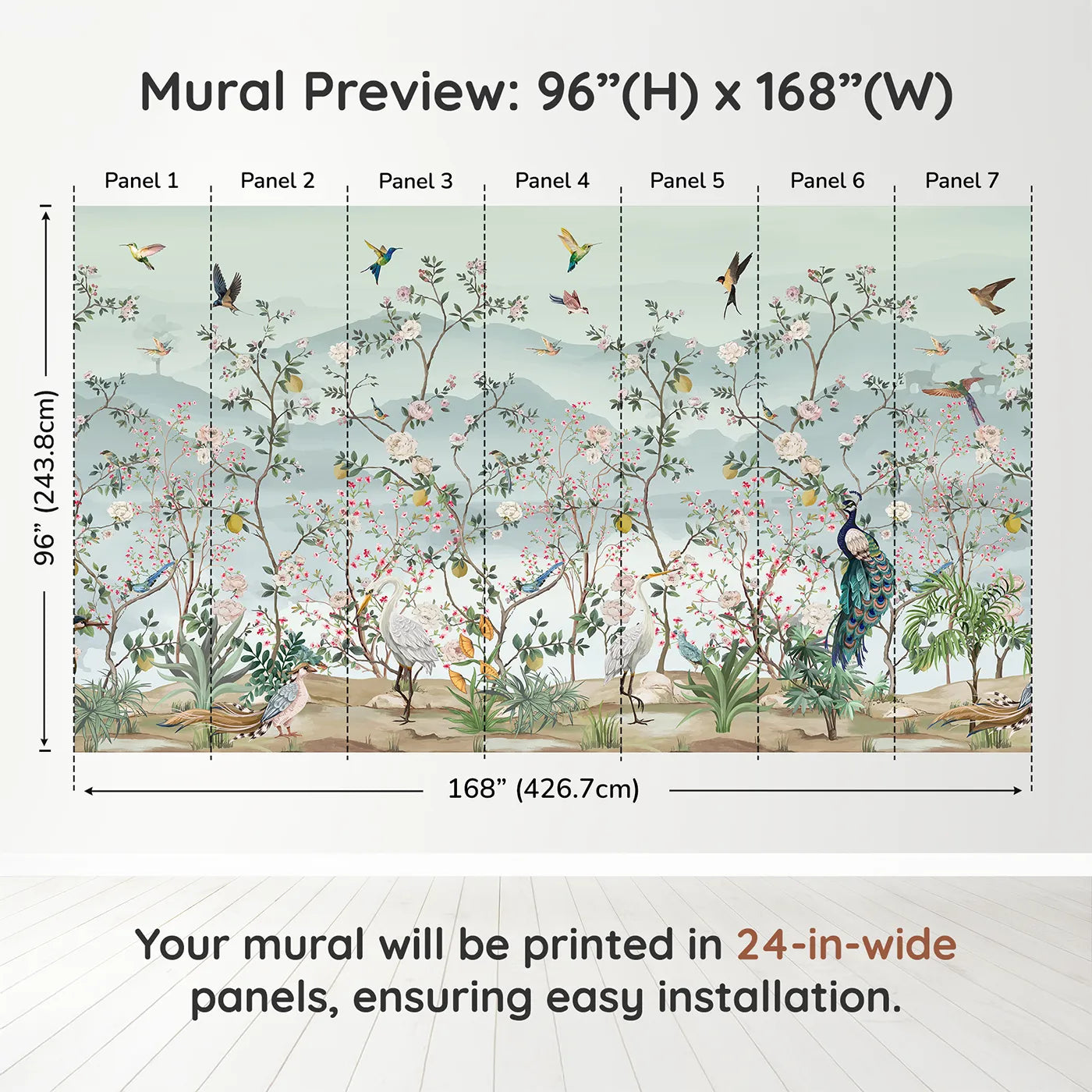 Whimsy Tots Chinoiserie Paradise Wall Muraldimension view (96" H x 168" W). Printed in seven 24-inch-wide panels. Gender-Neutral