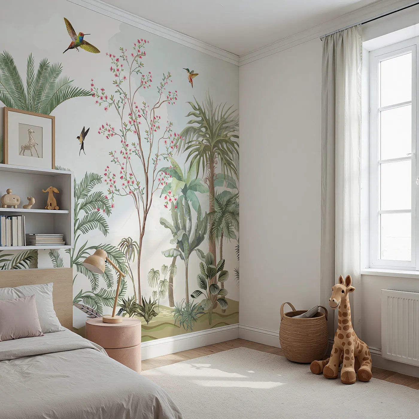 Angled view of Whimsy Tots' Tropical Garden Wall Mural (Turn Their Room into a Lush, Hand-Painted Paradise).Gender-Neutral