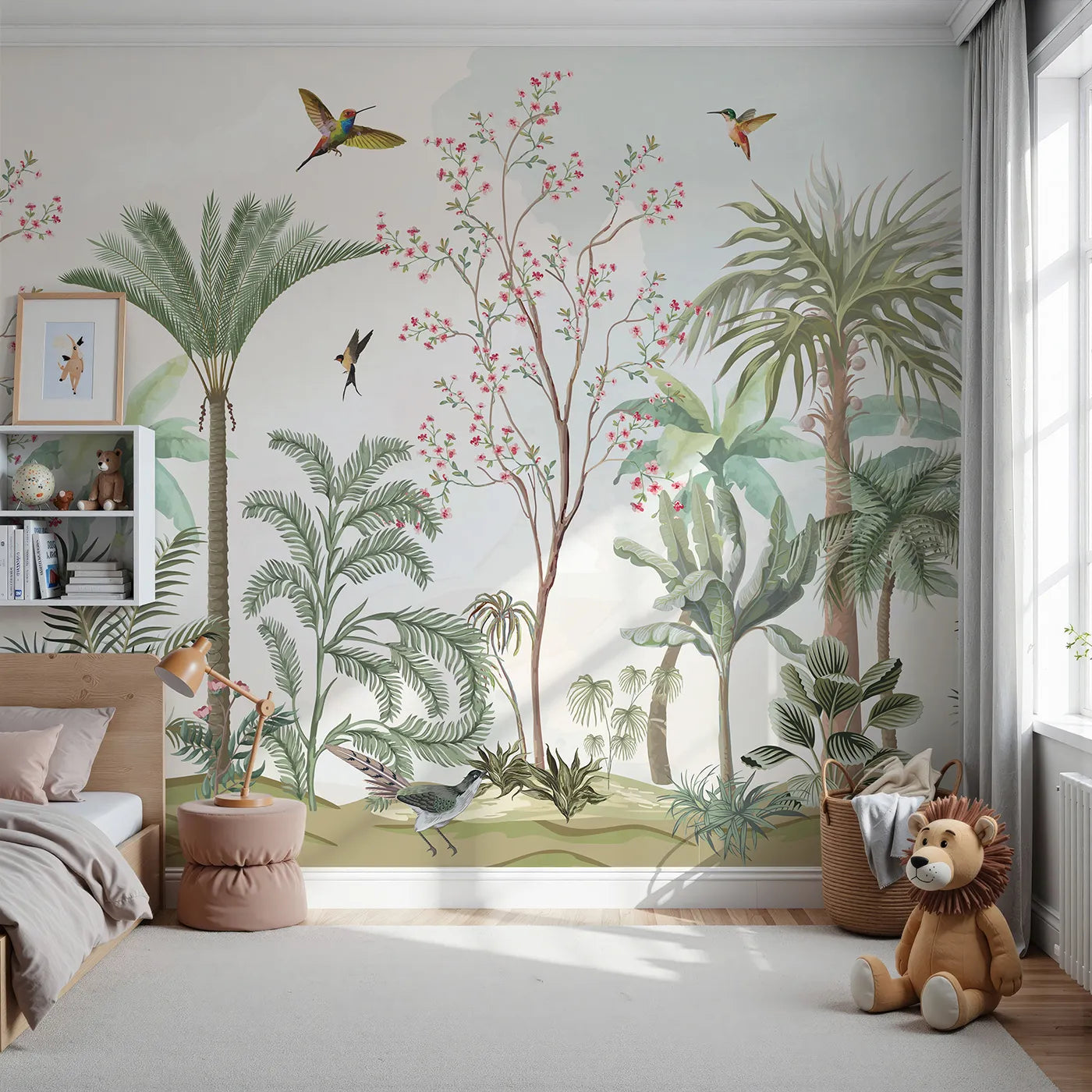 Front view of Whimsy Tots' Tropical Garden Wall Mural