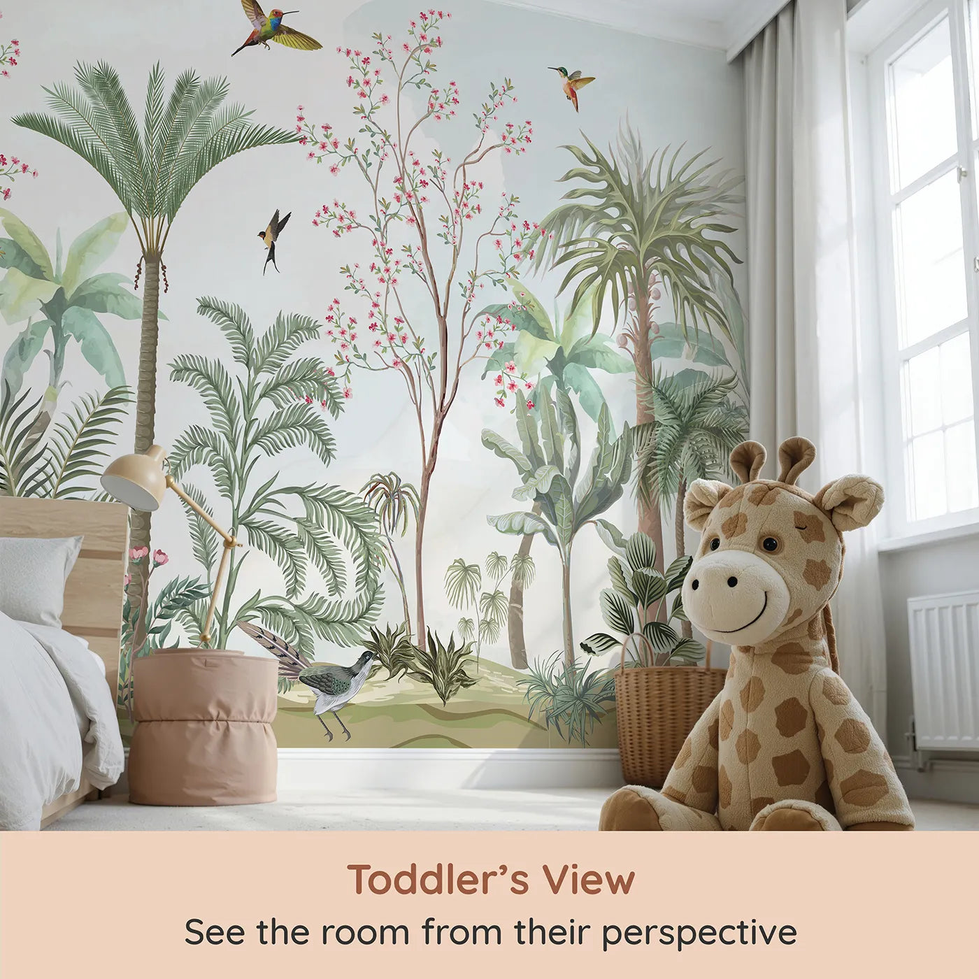 Whimsy Tots Tropical Garden Wall Mural (Turn Their Room into a Lush, Hand-Painted Paradise) from your child's view.Gender-Neutral