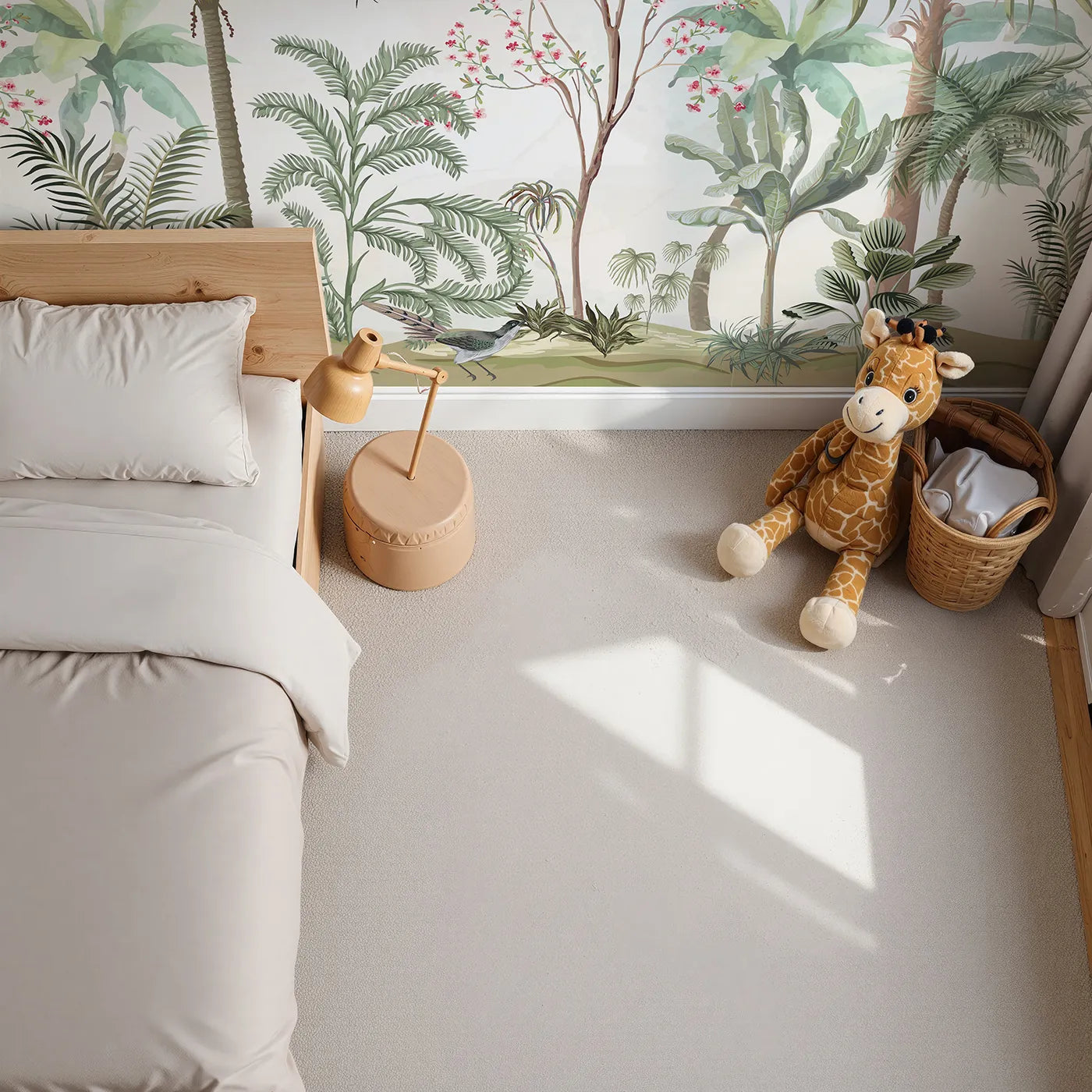 Top-down view of Whimsy Tots' Tropical Garden Wall Mural (Turn Their Room into a Lush, Hand-Painted Paradise).Gender-Neutral