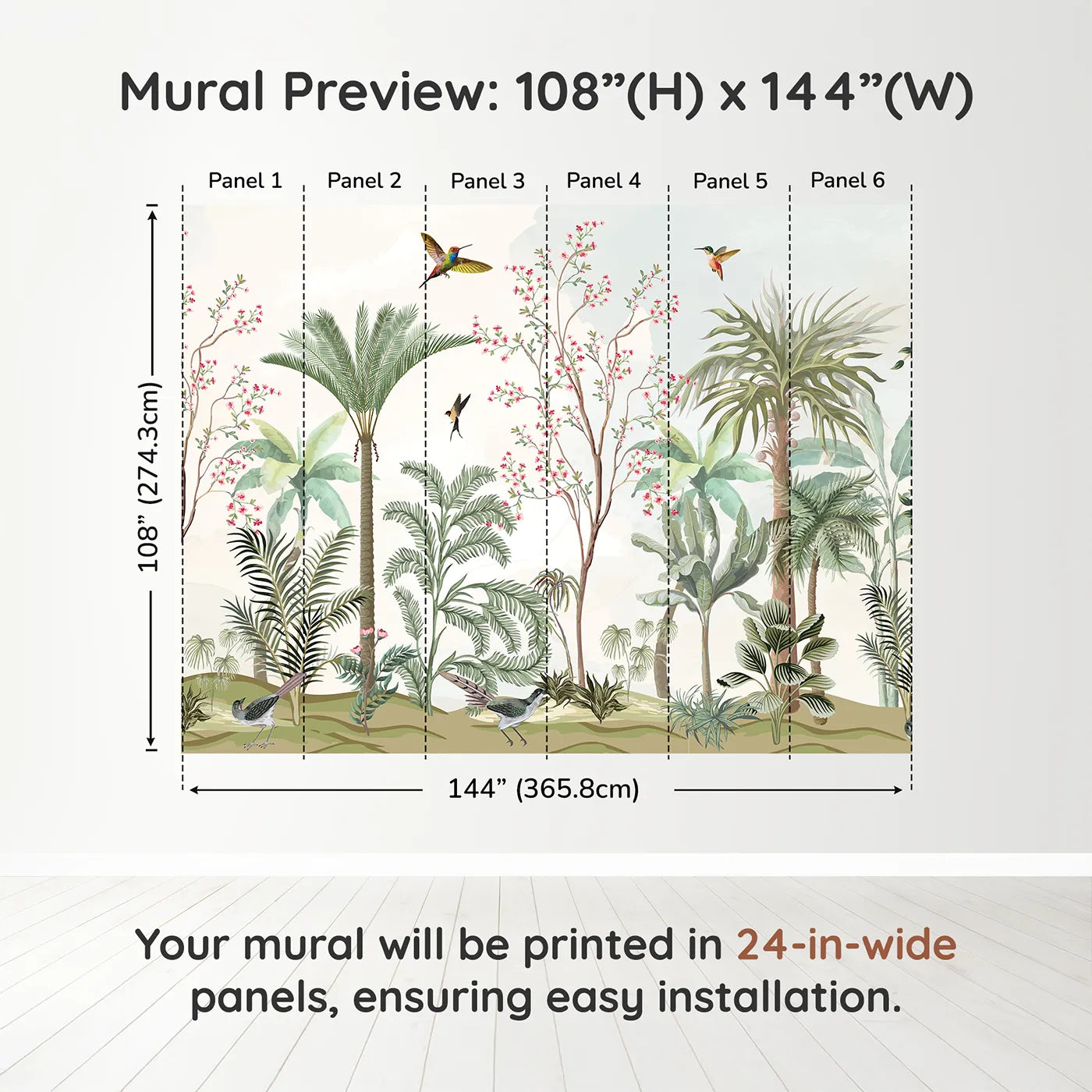 Whimsy Tots Tropical Garden Wall Muraldimension view (108" H x 144" W). Printed in six 24-inch-wide panels. Gender-Neutral