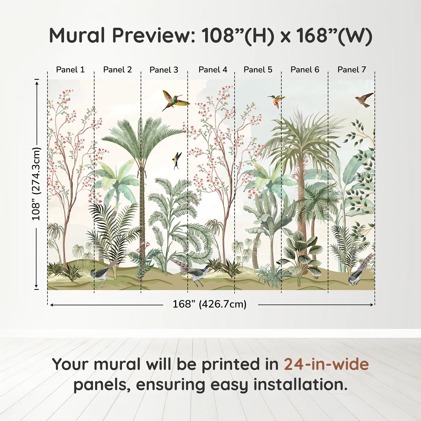 Whimsy Tots Tropical Garden Wall Muraldimension view (108" H x 168" W). Printed in seven 24-inch-wide panels. Gender-Neutral