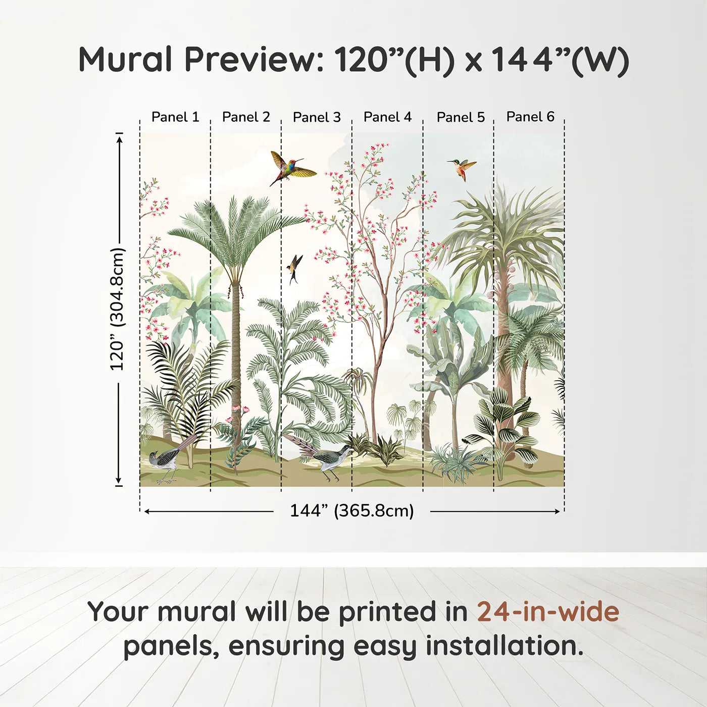 Whimsy Tots Tropical Garden Wall Muraldimension view (120" H x 144" W). Printed in six 24-inch-wide panels. Gender-Neutral