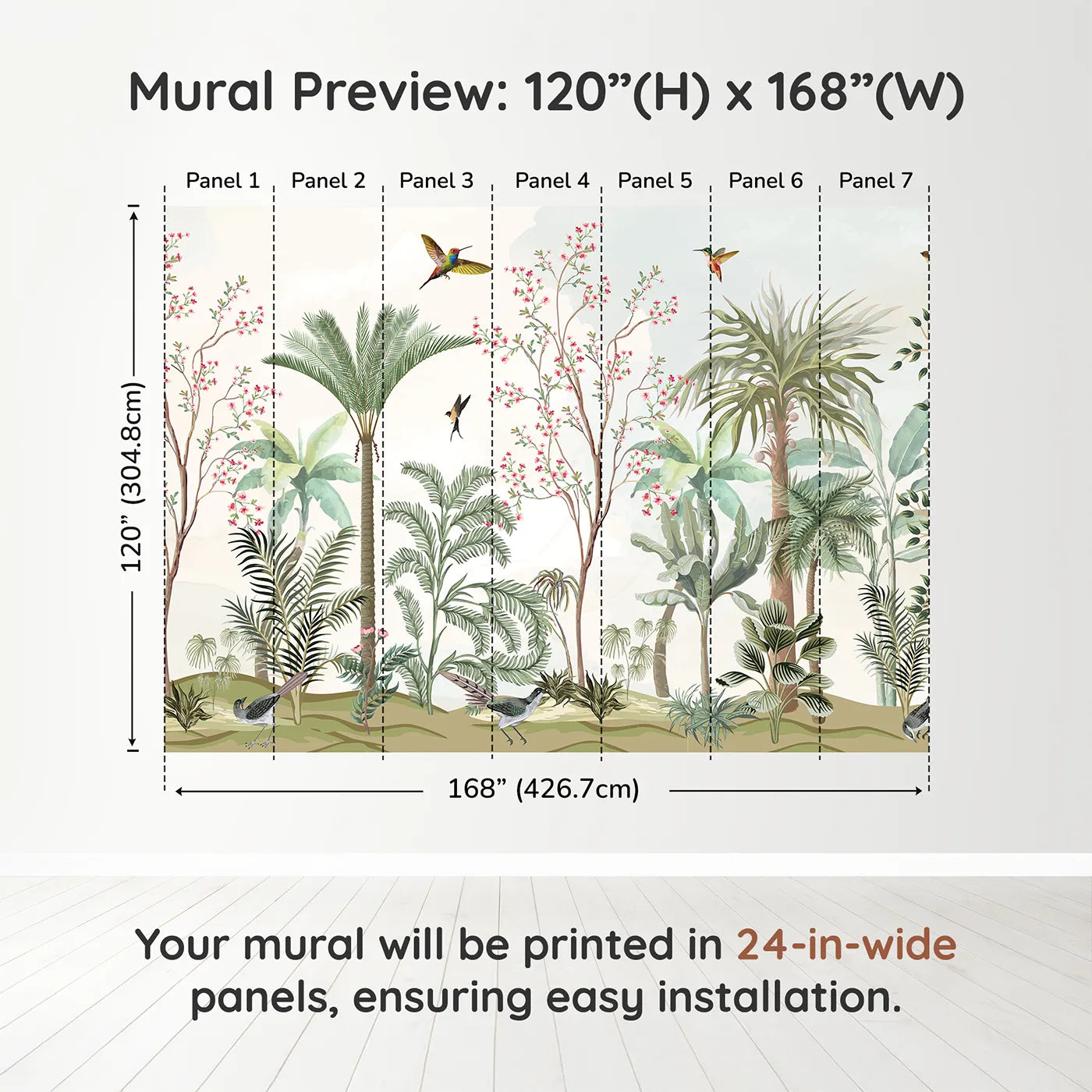 Whimsy Tots Tropical Garden Wall Muraldimension view (120" H x 168" W). Printed in seven 24-inch-wide panels. Gender-Neutral