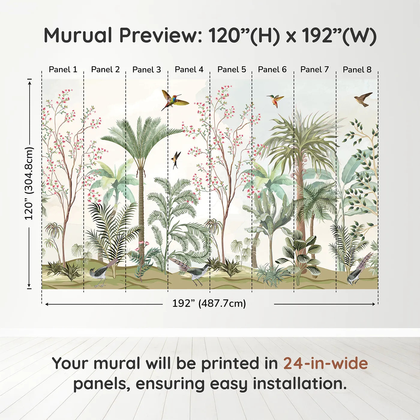 Whimsy Tots Tropical Garden Wall Muraldimension view (120" H x 192" W). Printed in eight 24-inch-wide panels. Gender-Neutral