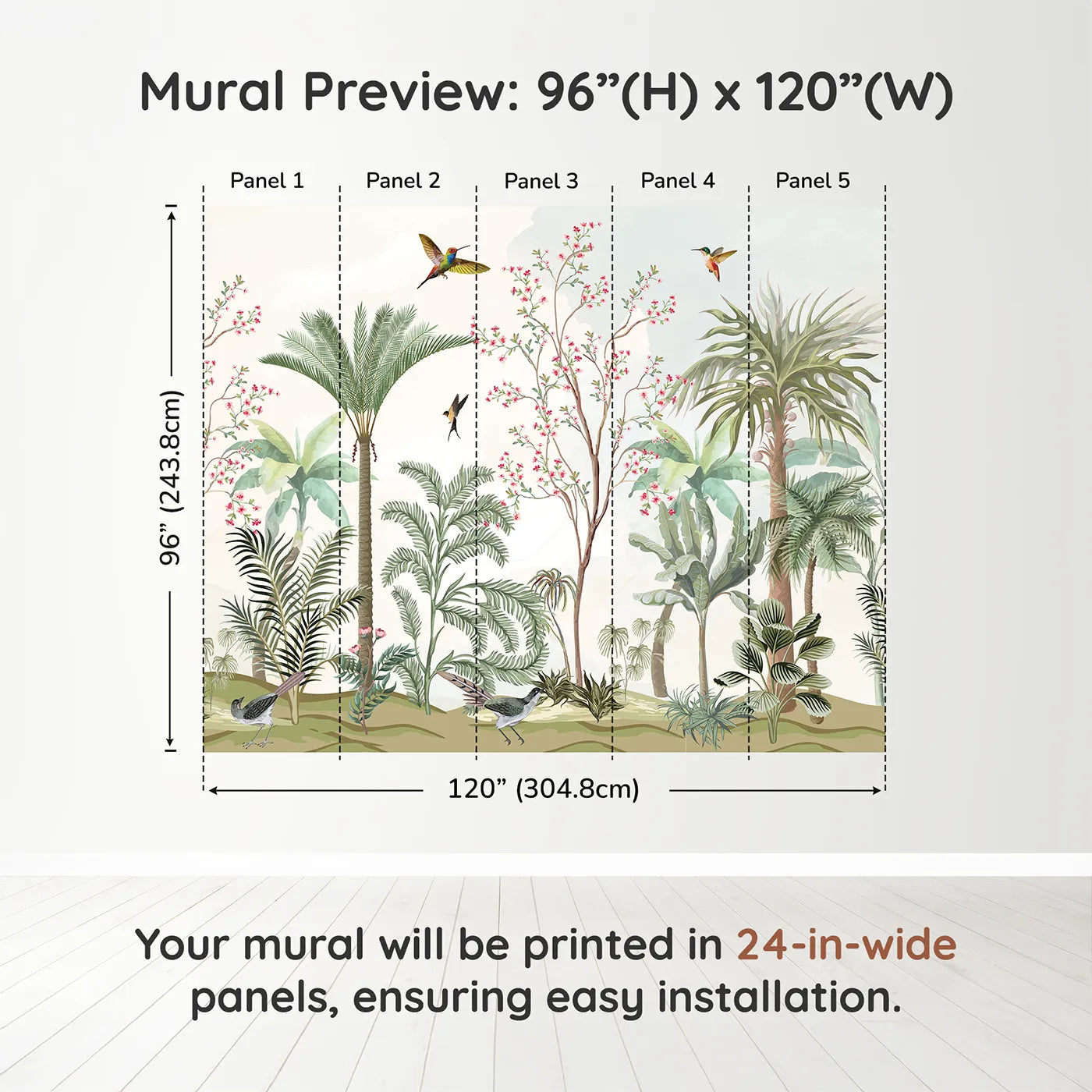Whimsy Tots Tropical Garden Wall Muraldimension view (96" H x 120" W). Printed in five 24-inch-wide panels. Gender-Neutral