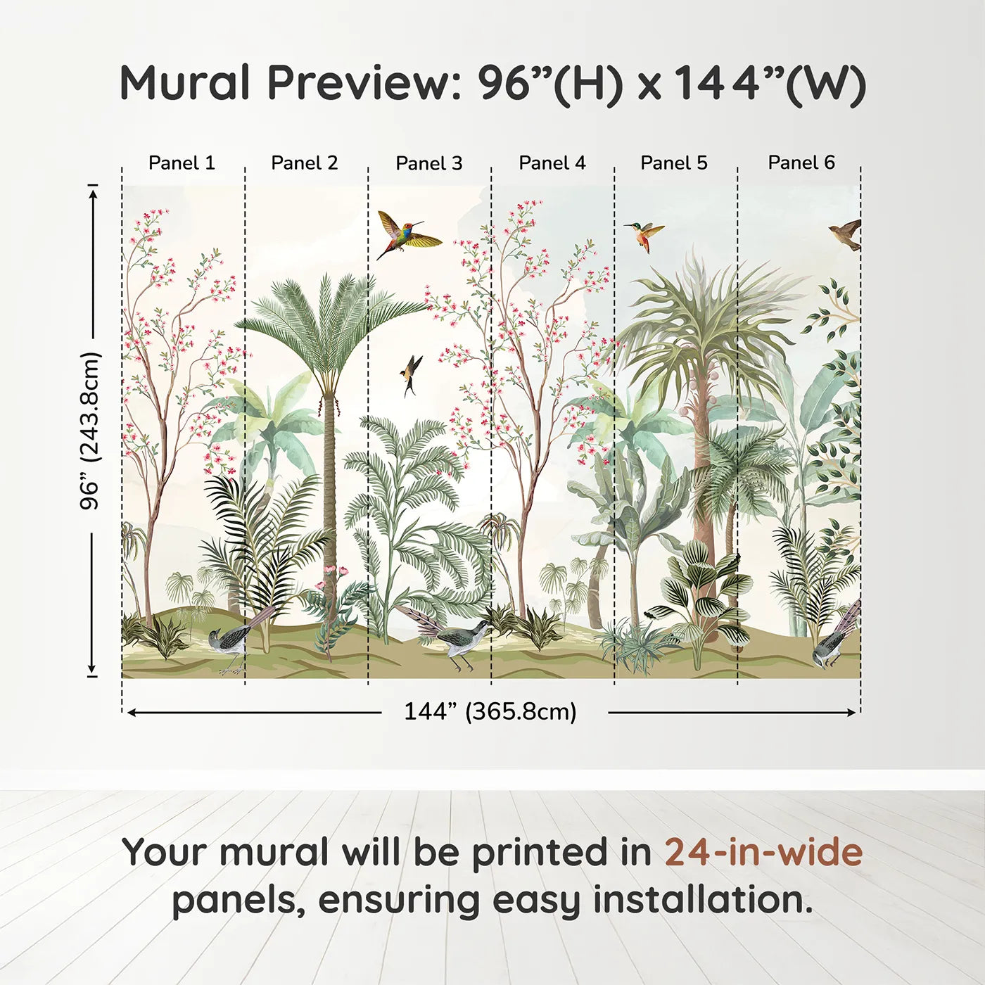 Whimsy Tots Tropical Garden Wall Muraldimension view (96" H x 144" W). Printed in six 24-inch-wide panels. Gender-Neutral