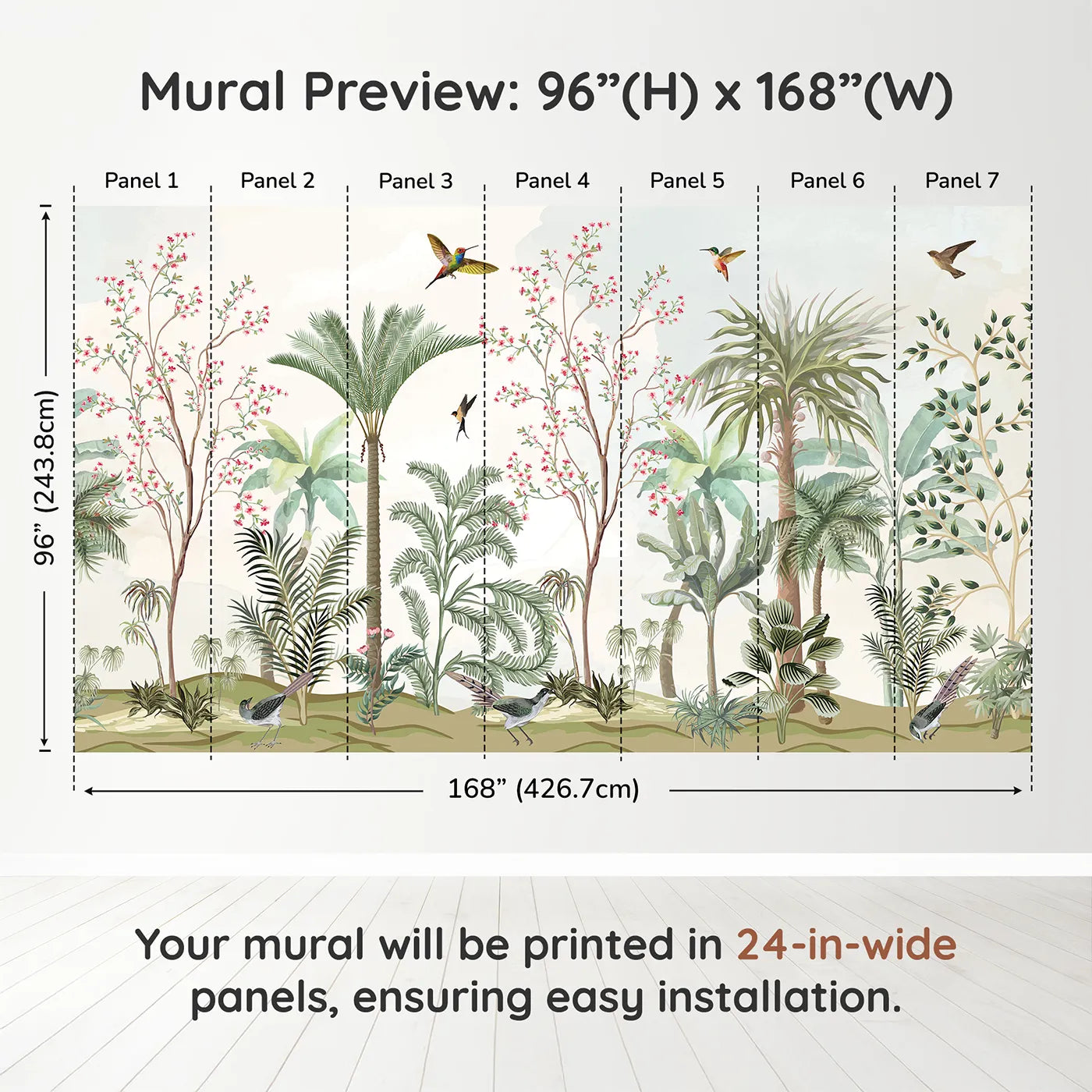 Whimsy Tots Tropical Garden Wall Muraldimension view (96" H x 168" W). Printed in seven 24-inch-wide panels. Gender-Neutral