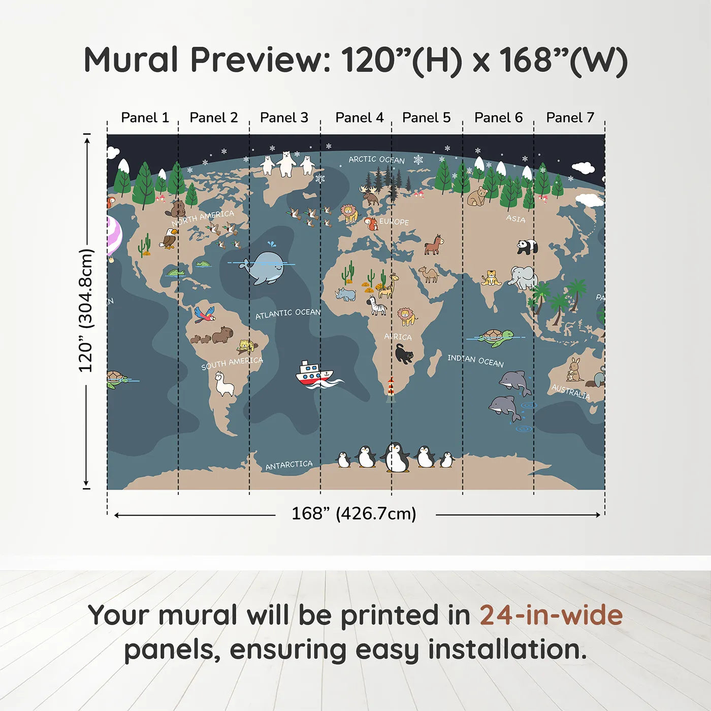 Whimsy Tots Nighttime Animal World Map Wall Mural in Graydimension view (120" H x 168" W). Printed in seven 24-inch-wide panels. Gender-Neutral
