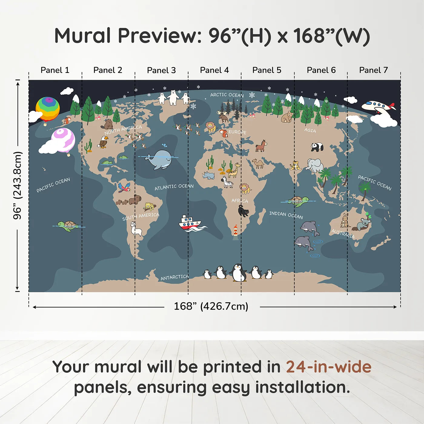 Whimsy Tots Nighttime Animal World Map Wall Mural in Graydimension view (96" H x 168" W). Printed in seven 24-inch-wide panels. Gender-Neutral