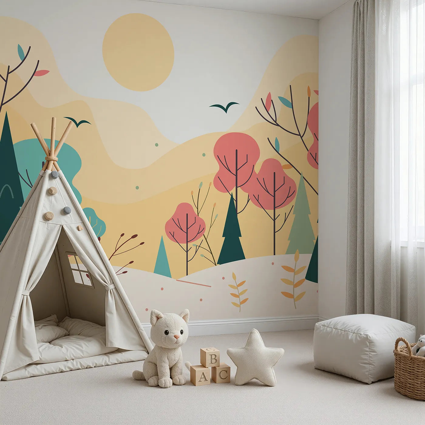 Angled view of Whimsy Tots' Minimalist Autumn Forest Wall Mural (Turn Their Room into a Calm and Modern Autumn Day).Gender-Neutral
