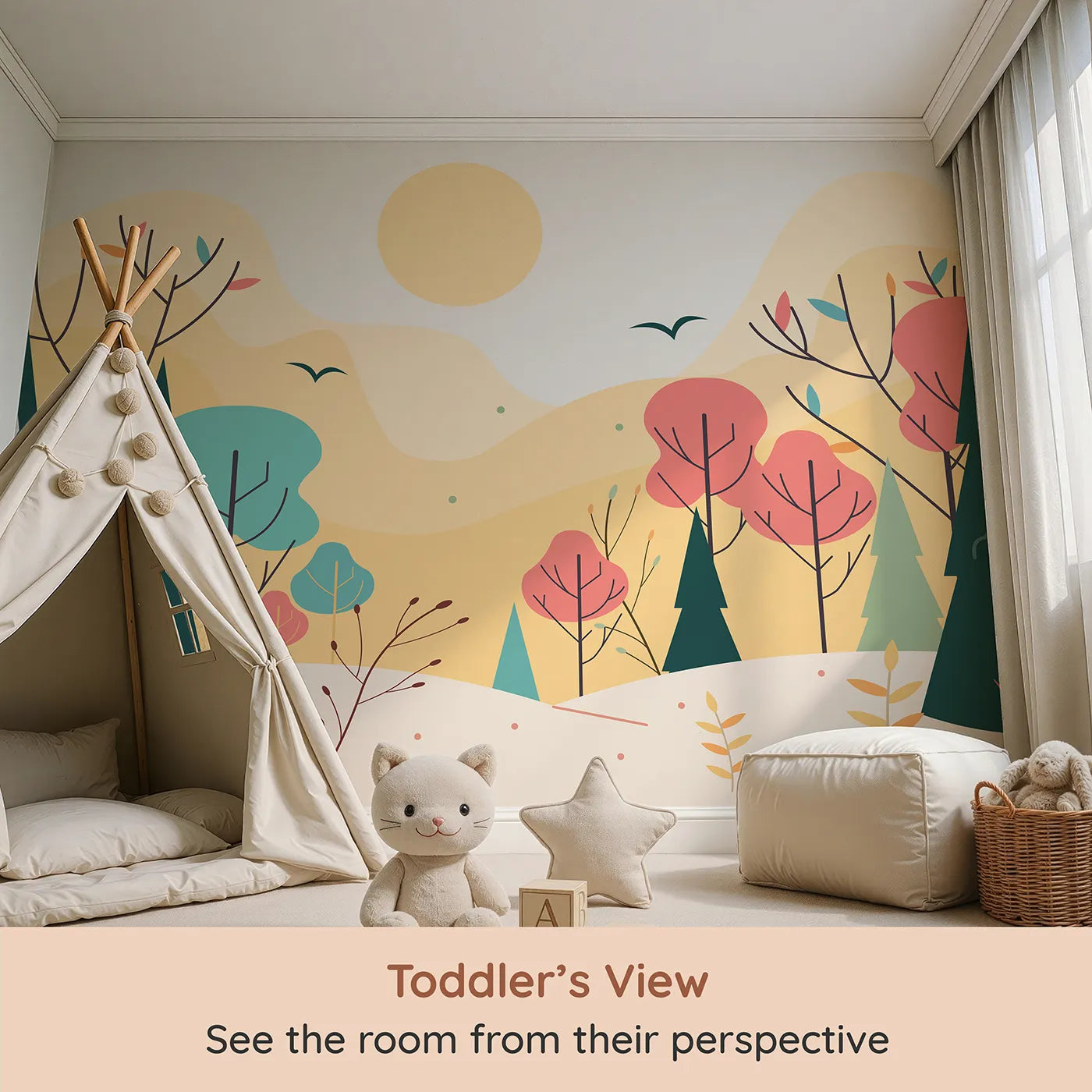 Whimsy Tots Minimalist Autumn Forest Wall Mural (Turn Their Room into a Calm and Modern Autumn Day) from your child's view.Gender-Neutral