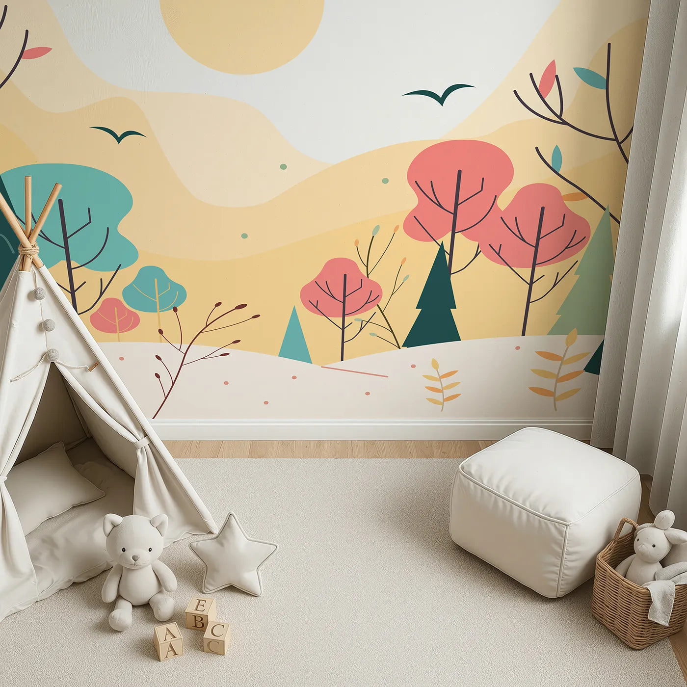 Top-down view of Whimsy Tots' Minimalist Autumn Forest Wall Mural (Turn Their Room into a Calm and Modern Autumn Day).Gender-Neutral