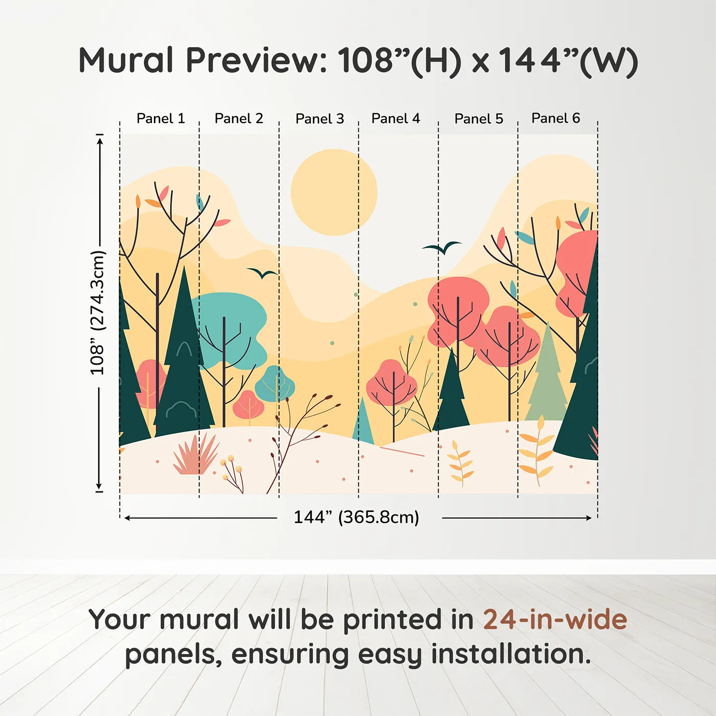 Whimsy Tots Minimalist Autumn Forest Wall Muraldimension view (108" H x 144" W). Printed in six 24-inch-wide panels. Gender-Neutral