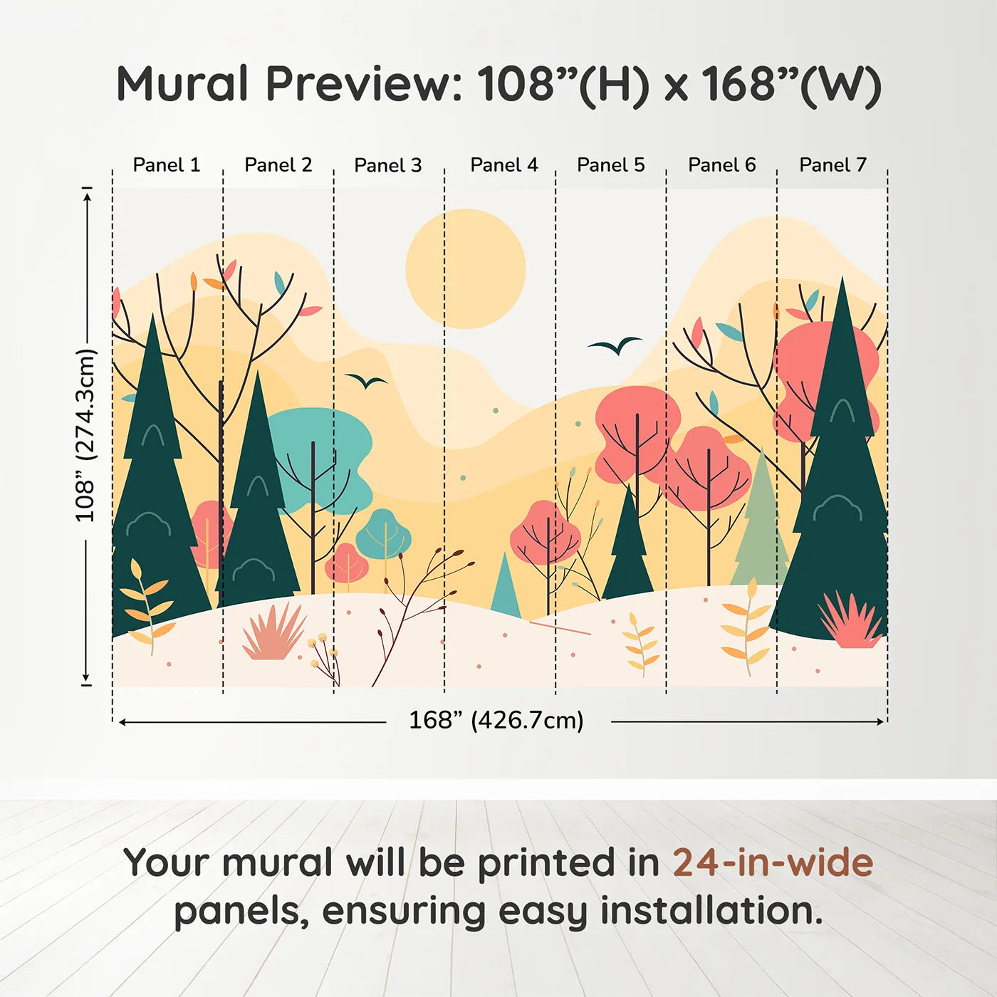 Whimsy Tots Minimalist Autumn Forest Wall Muraldimension view (108" H x 168" W). Printed in seven 24-inch-wide panels. Gender-Neutral