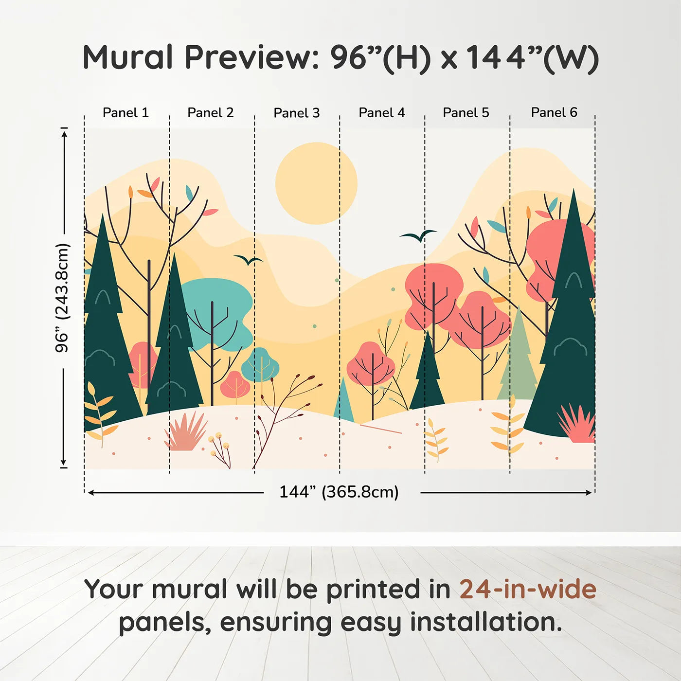 Whimsy Tots Minimalist Autumn Forest Wall Muraldimension view (96" H x 144" W). Printed in six 24-inch-wide panels. Gender-Neutral