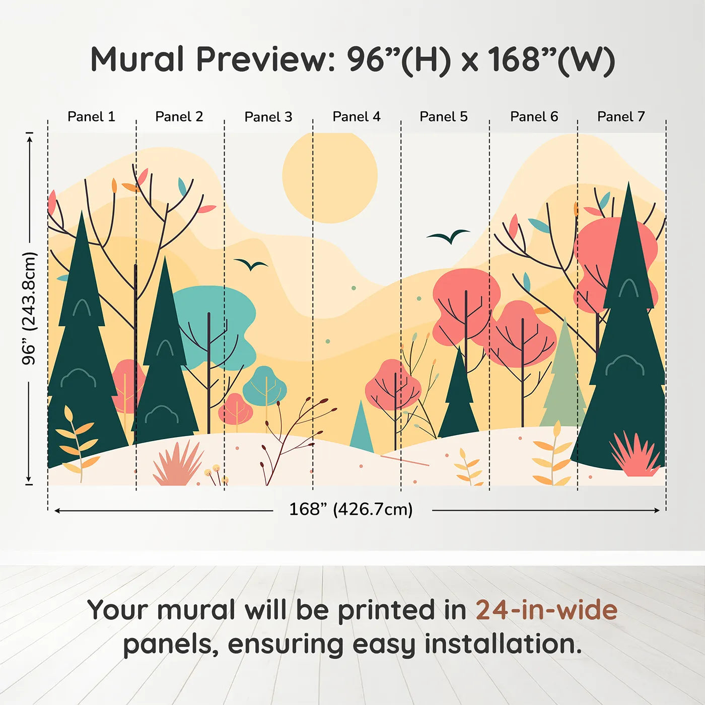 Whimsy Tots Minimalist Autumn Forest Wall Muraldimension view (96" H x 168" W). Printed in seven 24-inch-wide panels. Gender-Neutral