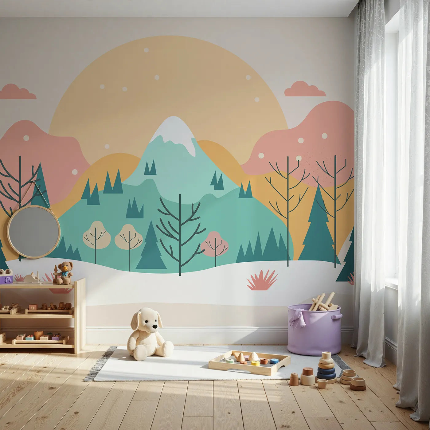 Front view of Whimsy Tots' Minimalist Winter Mountain Wall Mural