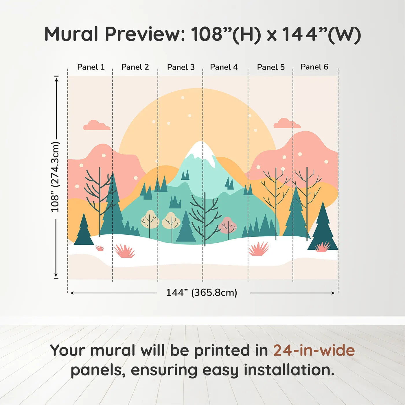 Whimsy Tots Minimalist Winter Mountain Wall Muraldimension view (108" H x 144" W). Printed in six 24-inch-wide panels. Gender-Neutral