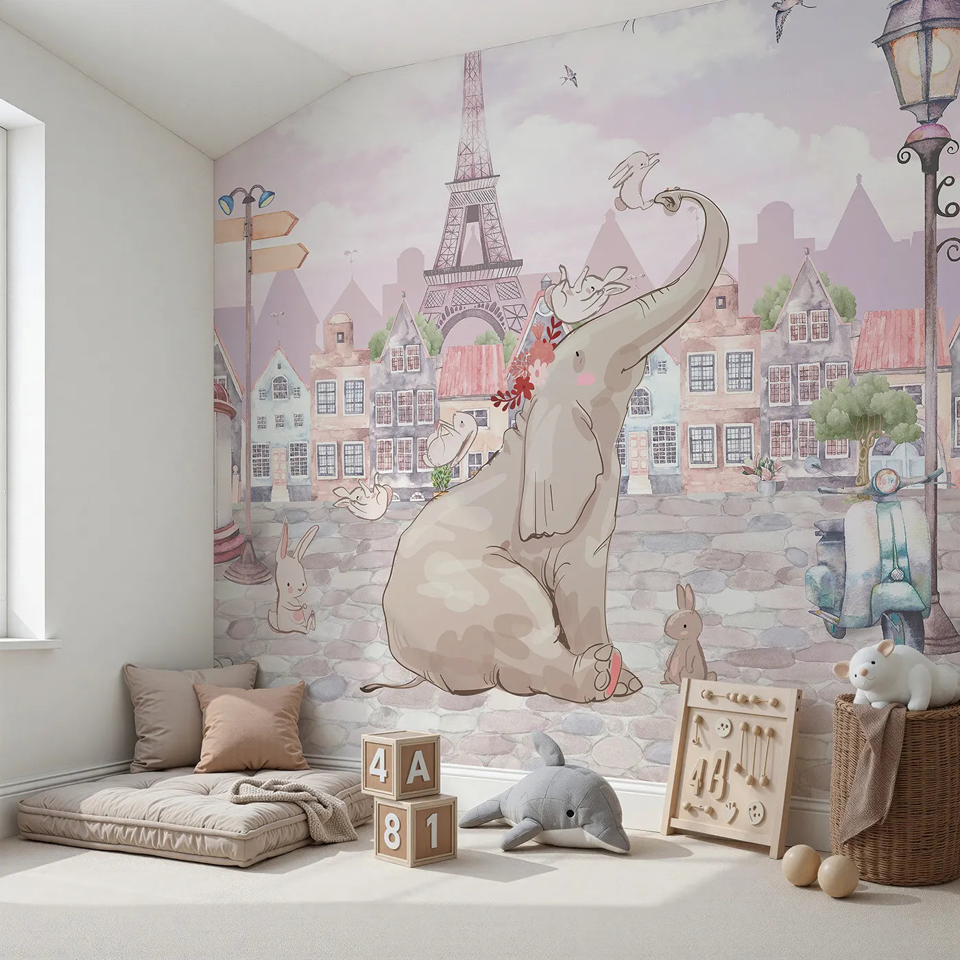 Angled view of Whimsy Tots' Elephant in Paris Wall Mural (Turn Their Room into a Whimsical, Dreamy Trip to Paris).Gender-Neutral