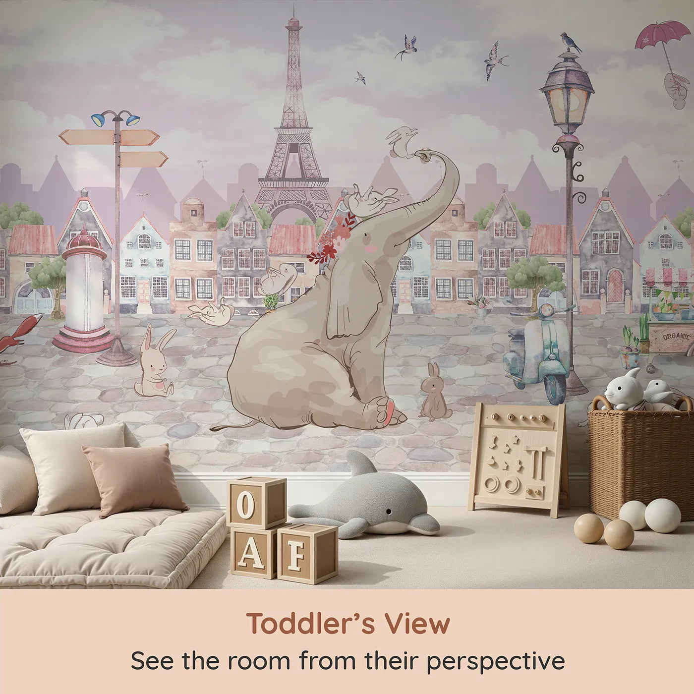 Whimsy Tots Elephant in Paris Wall Mural (Turn Their Room into a Whimsical, Dreamy Trip to Paris) from your child's view.Gender-Neutral