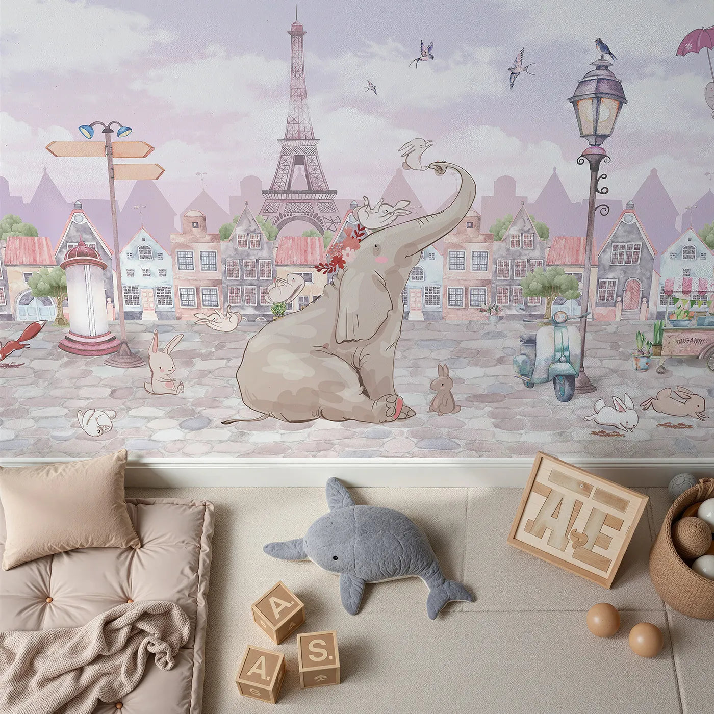 Top-down view of Whimsy Tots' Elephant in Paris Wall Mural (Turn Their Room into a Whimsical, Dreamy Trip to Paris).Gender-Neutral