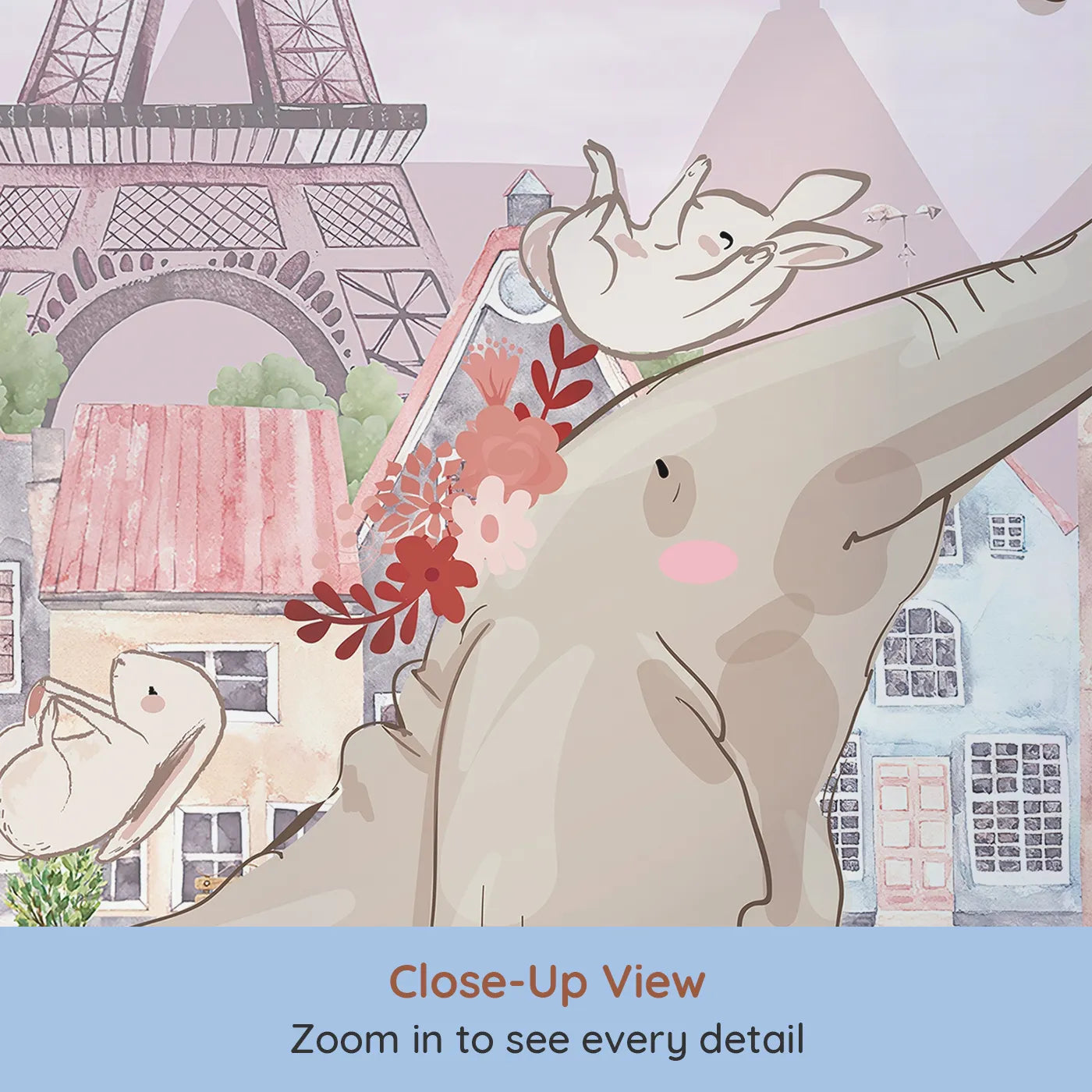Close-up view of Whimsy Tots' Elephant in Paris Wall Mural (Turn Their Room into a Whimsical, Dreamy Trip to Paris).Gender-Neutral