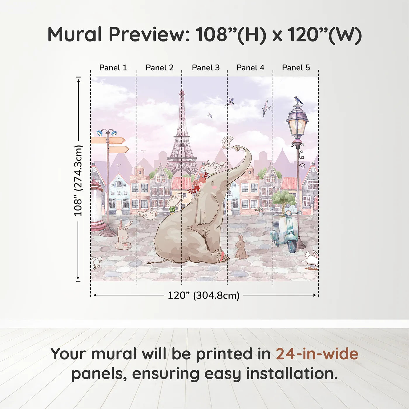Whimsy Tots Elephant in Paris Wall Muraldimension view (108" H x 120" W). Printed in five 24-inch-wide panels. Gender-Neutral