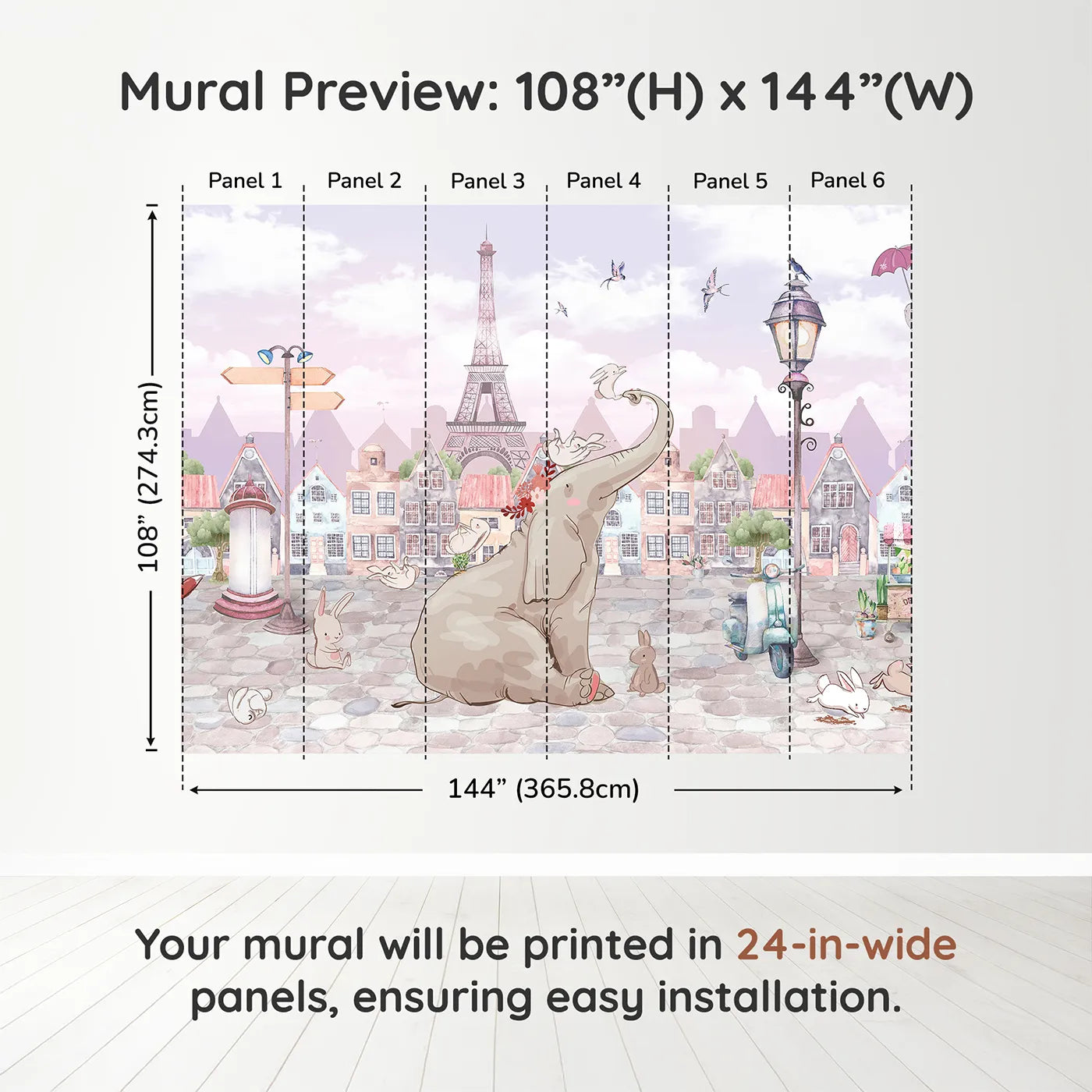Whimsy Tots Elephant in Paris Wall Muraldimension view (108" H x 144" W). Printed in six 24-inch-wide panels. Gender-Neutral
