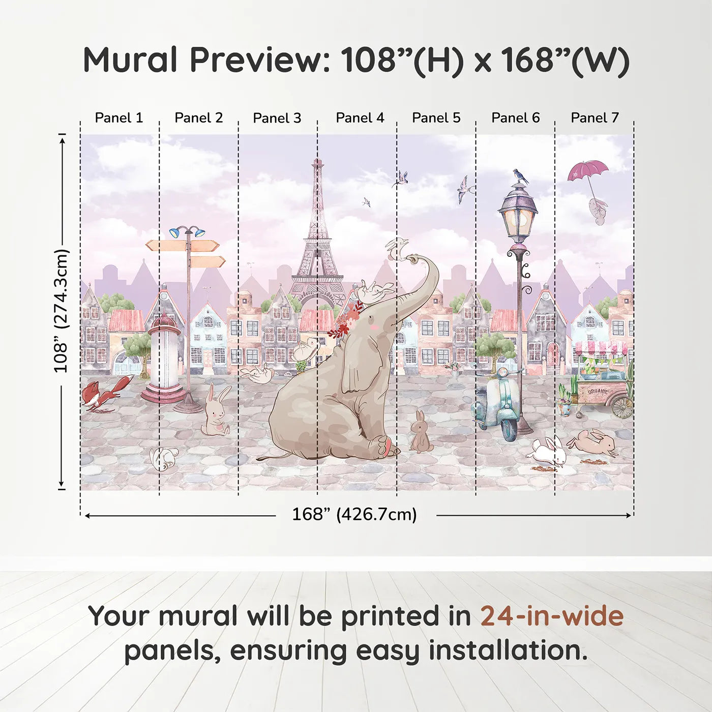 Whimsy Tots Elephant in Paris Wall Muraldimension view (108" H x 168" W). Printed in seven 24-inch-wide panels. Gender-Neutral