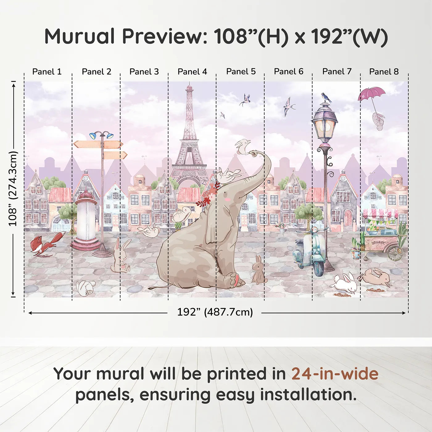 Whimsy Tots Elephant in Paris Wall Muraldimension view (108" H x 192" W). Printed in eight 24-inch-wide panels. Gender-Neutral