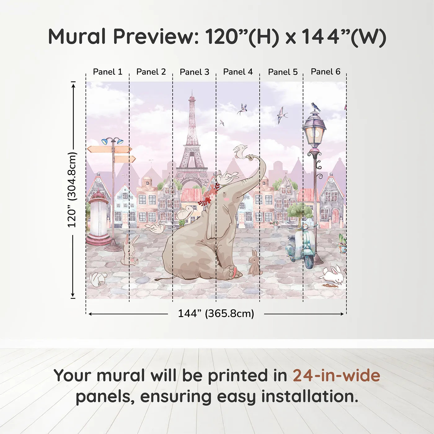 Whimsy Tots Elephant in Paris Wall Muraldimension view (120" H x 144" W). Printed in six 24-inch-wide panels. Gender-Neutral
