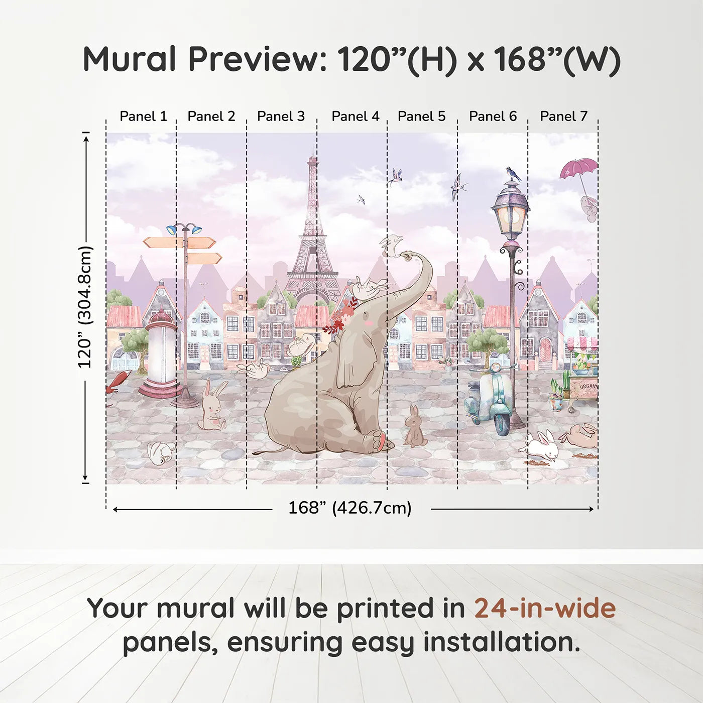 Whimsy Tots Elephant in Paris Wall Muraldimension view (120" H x 168" W). Printed in seven 24-inch-wide panels. Gender-Neutral
