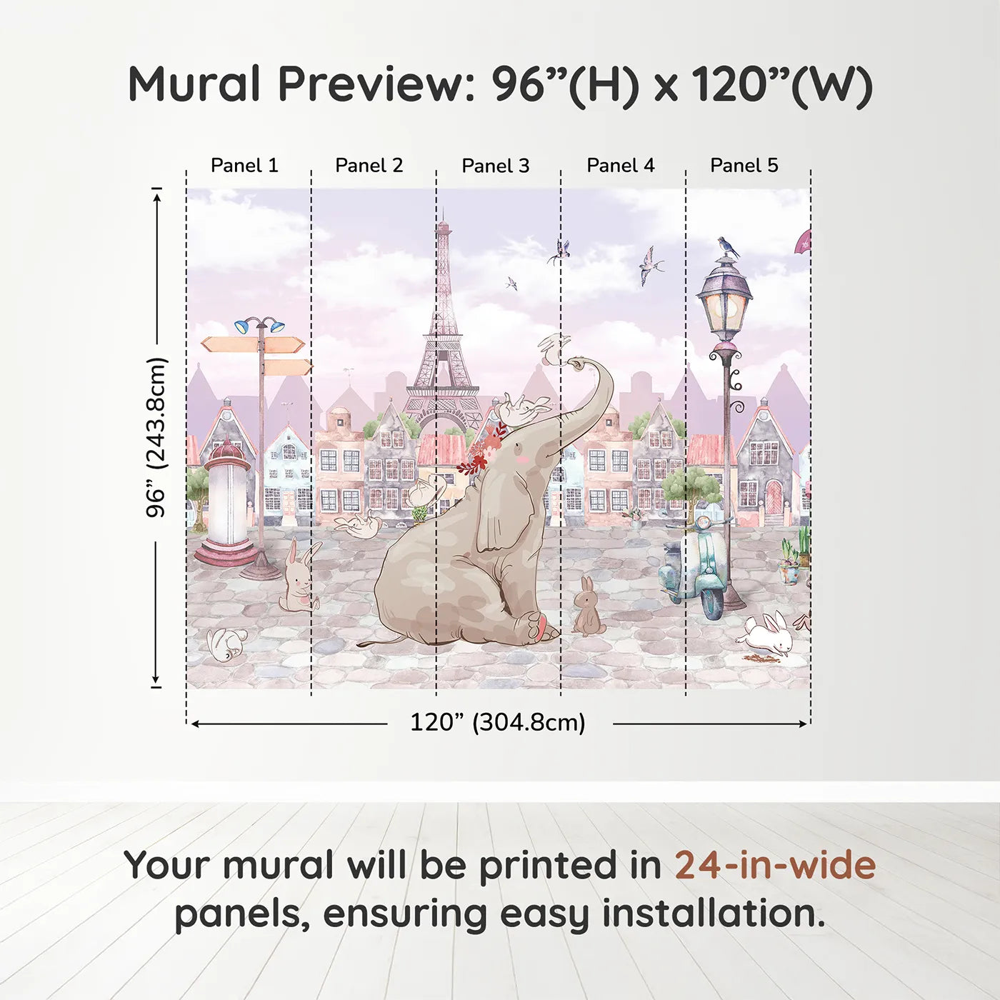 Whimsy Tots Elephant in Paris Wall Muraldimension view (96" H x 120" W). Printed in five 24-inch-wide panels. Gender-Neutral