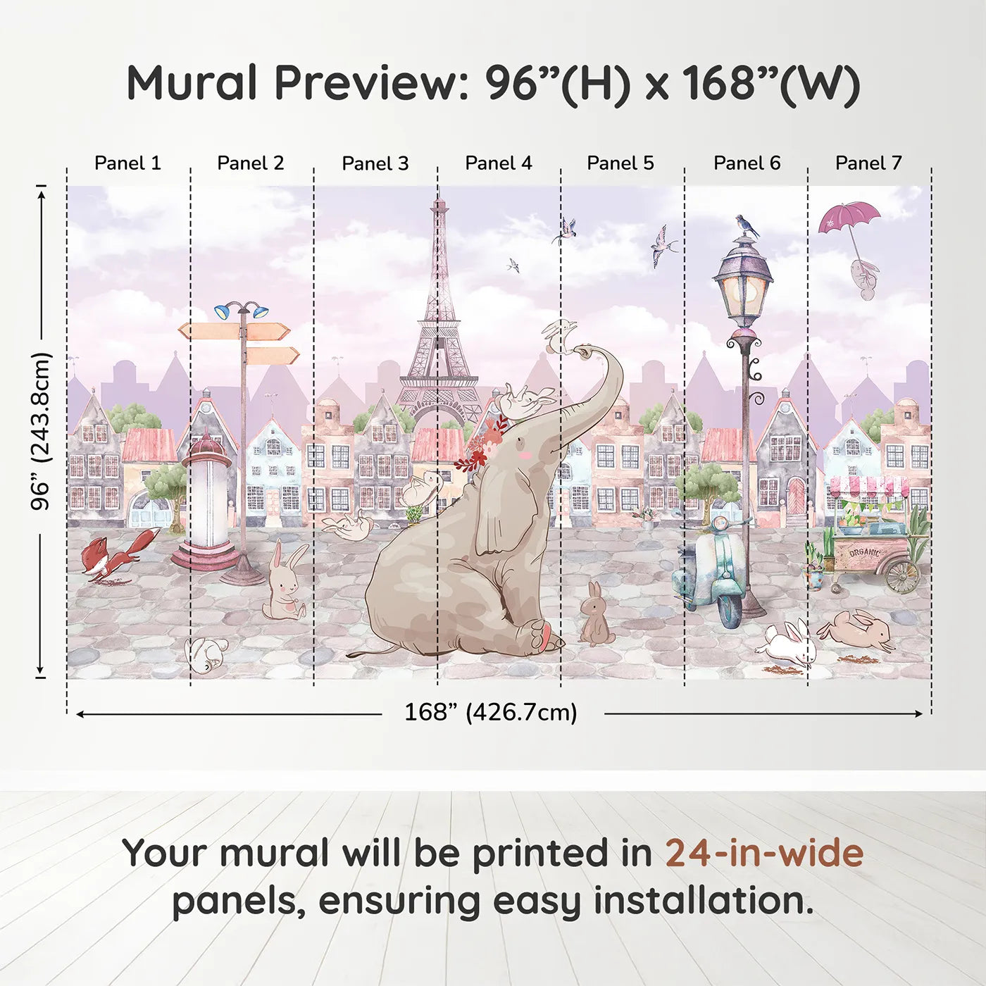 Whimsy Tots Elephant in Paris Wall Muraldimension view (96" H x 168" W). Printed in seven 24-inch-wide panels. Gender-Neutral